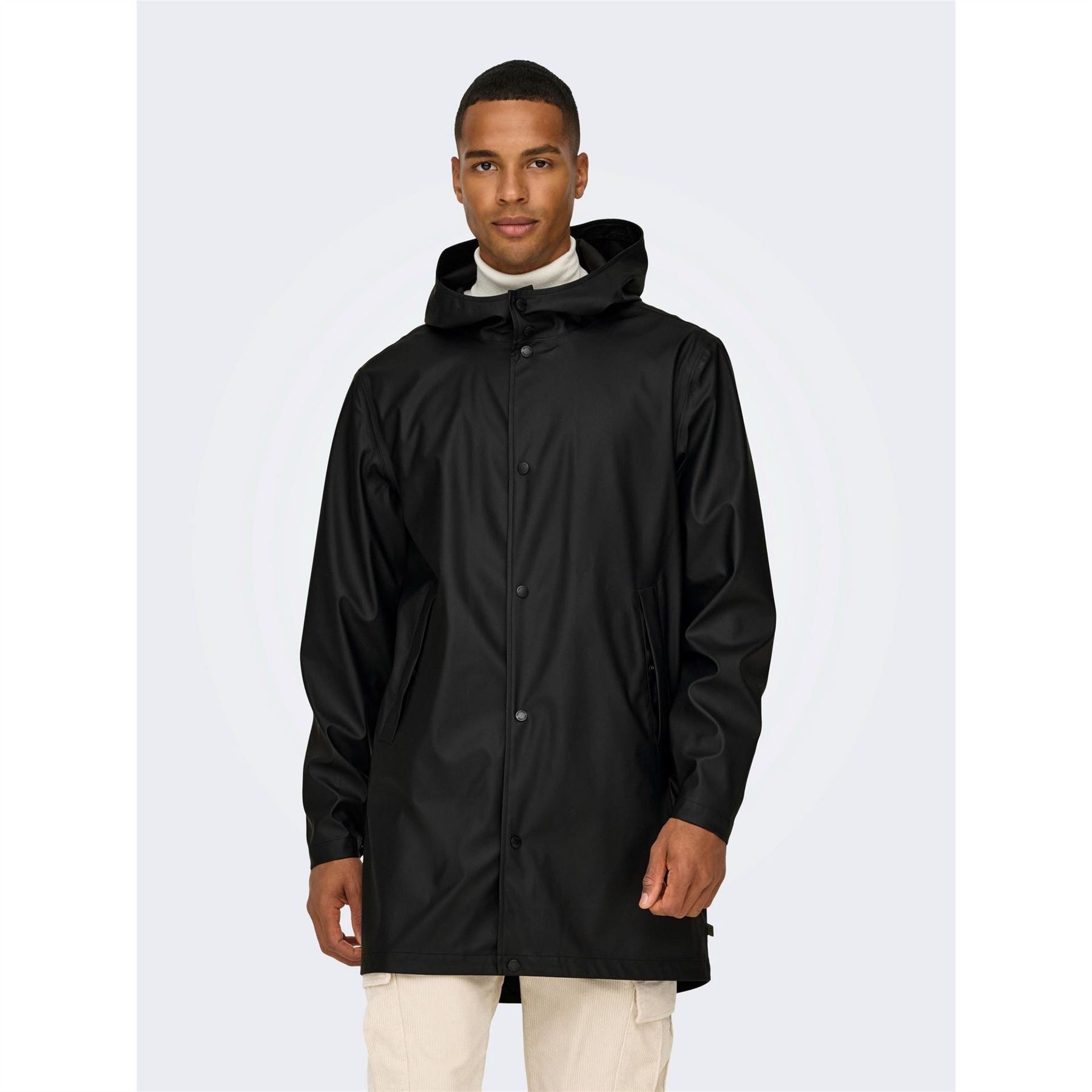 Only Solid Patterned Hooded Snap Button Rain Coat
