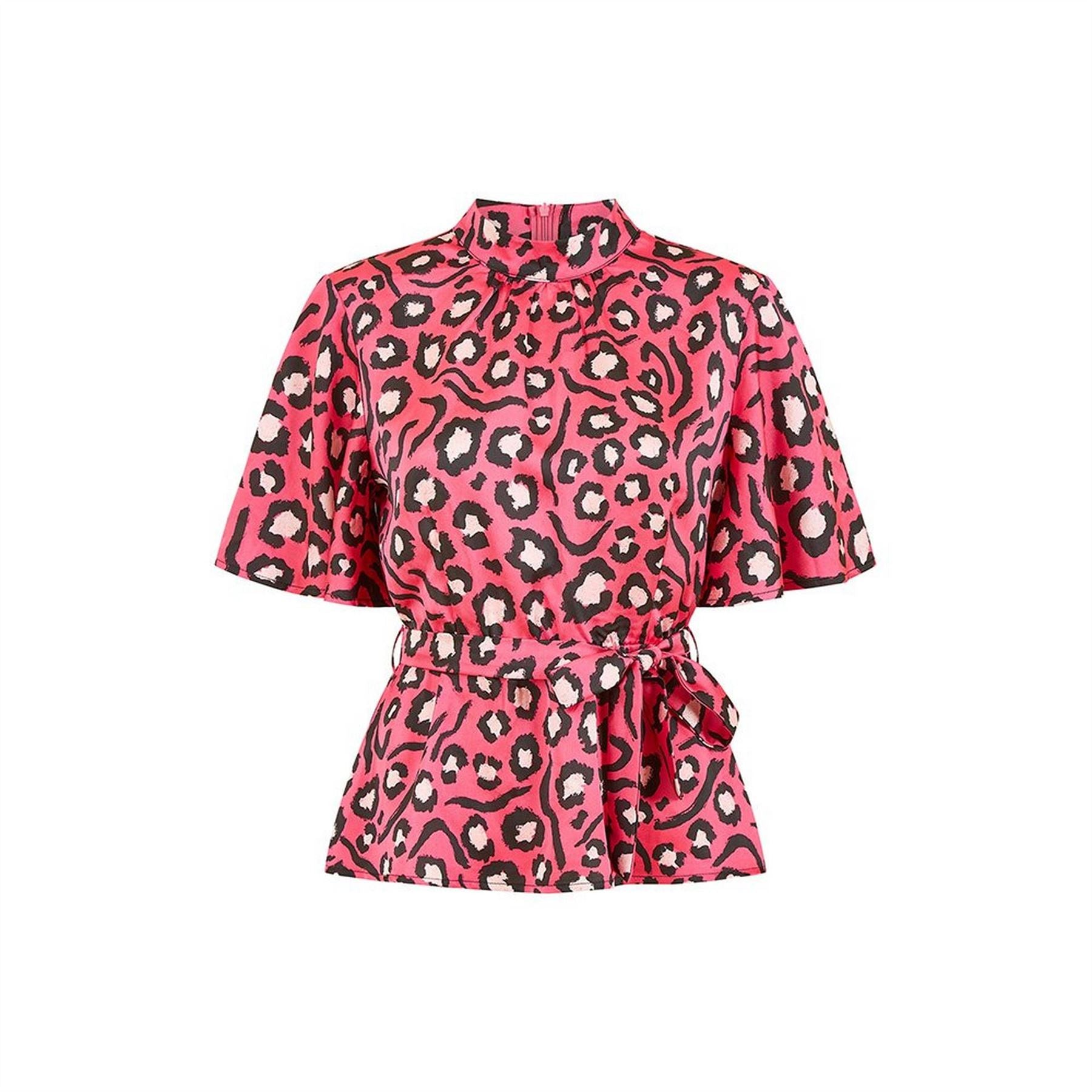 Mela London Pink Animal Print Belted High Neck Short Sleeve Blouse
