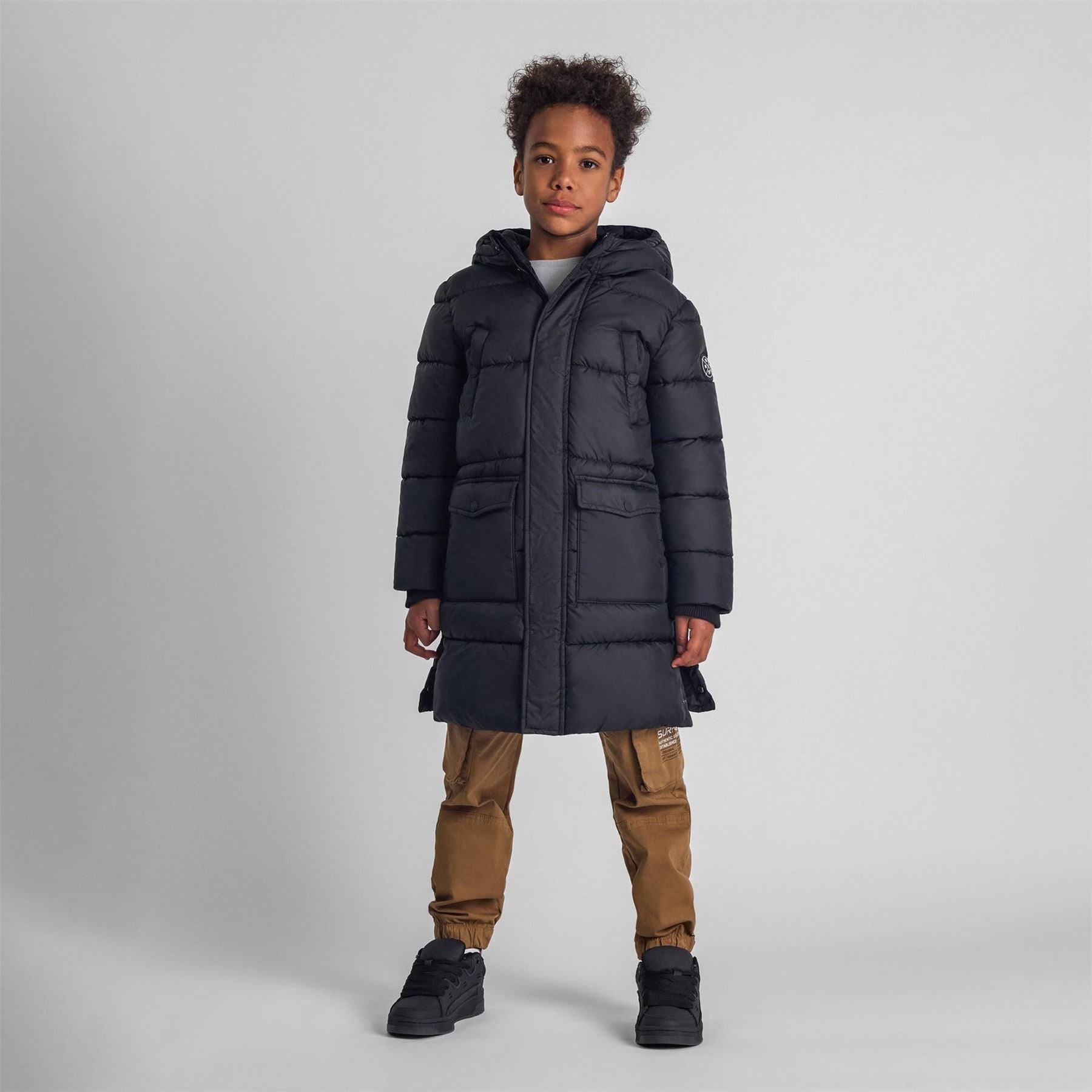 Minoti Boys Long Padded Coat With Hood And Snap Details Black