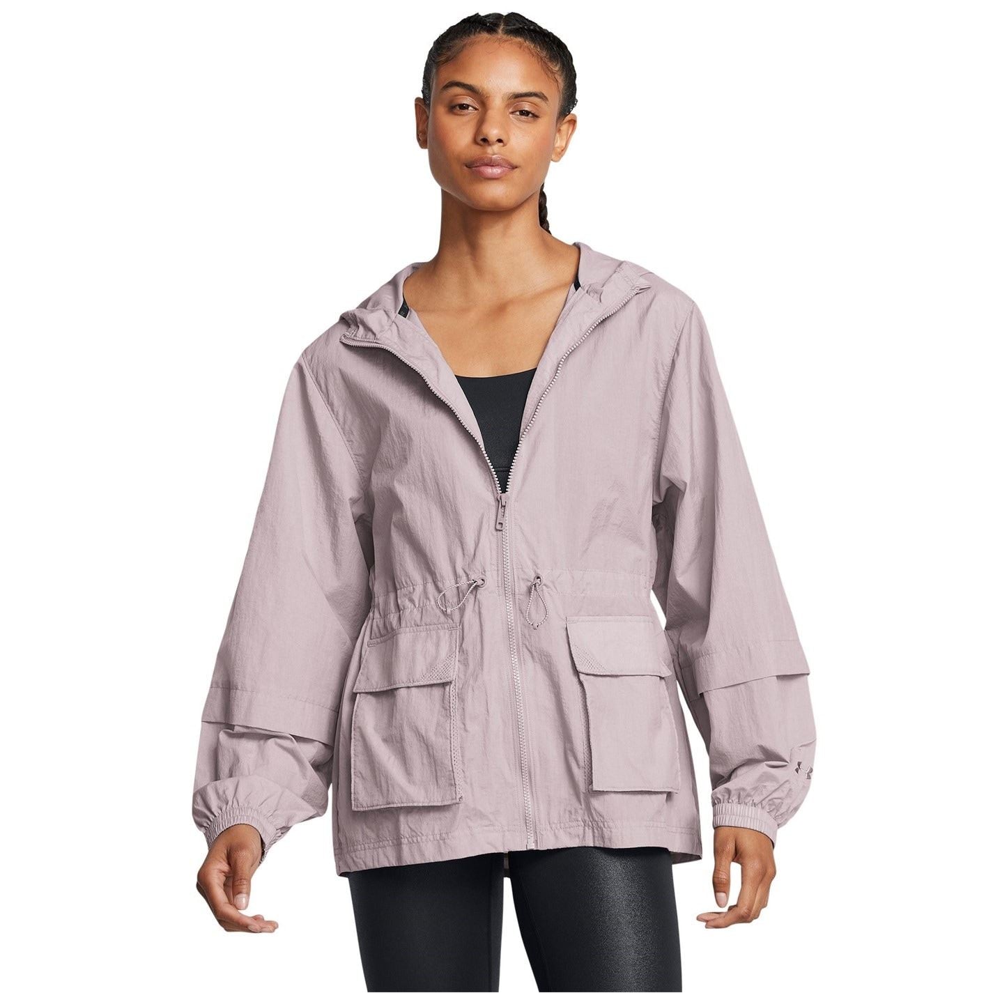Under Armour Solid Patterned Hooded Drawstring Windbreaker with Flap Pocket
