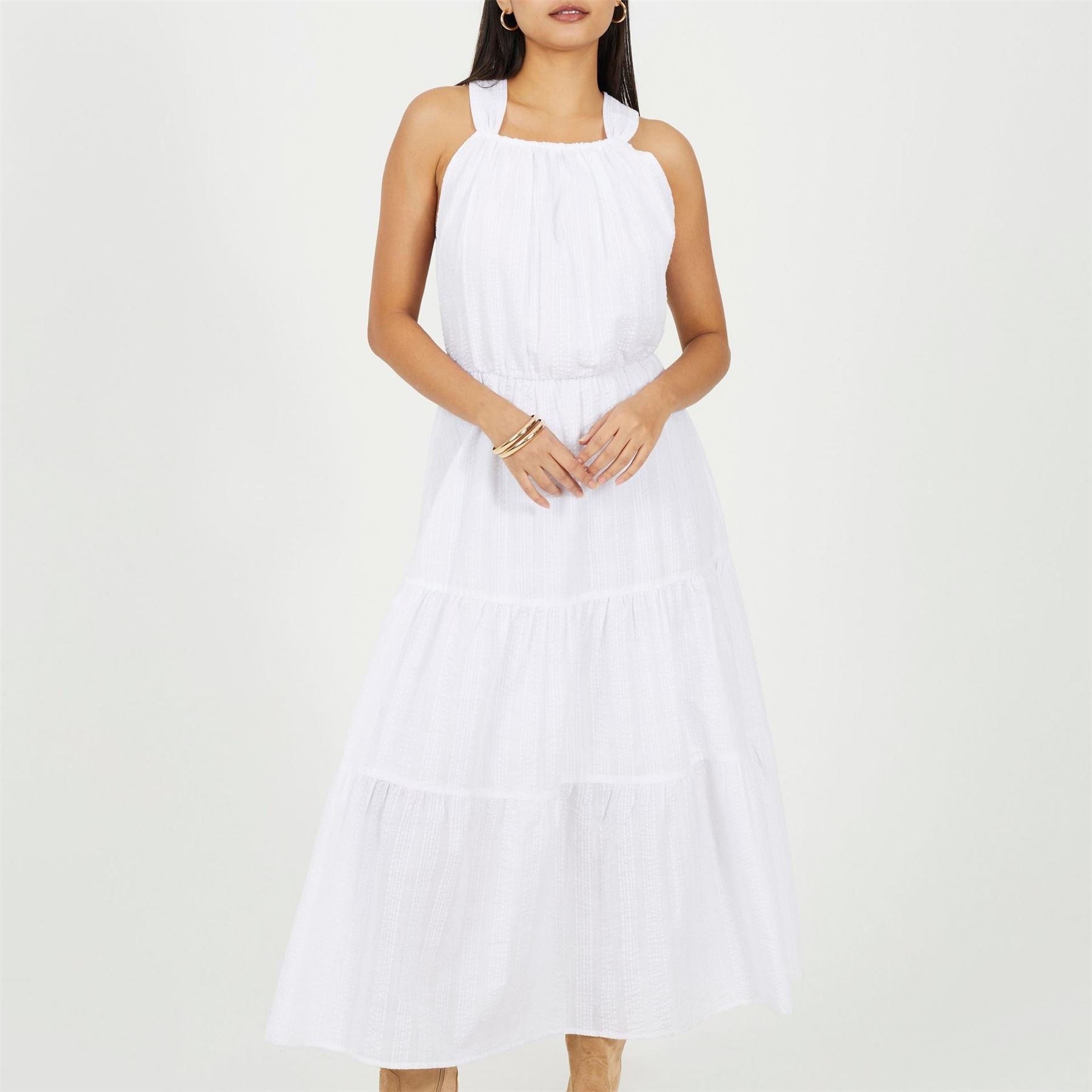 Brave Soul Sleeveless Halter Neck Midi Tiered Dress
