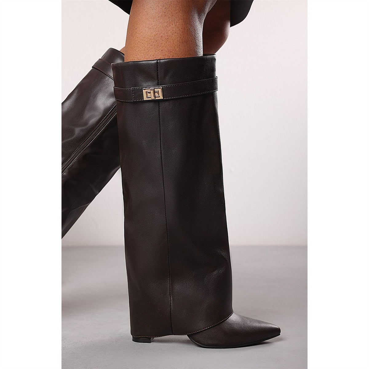 Wheres That From Fold Over Shark Block Heel Point Toe Boots