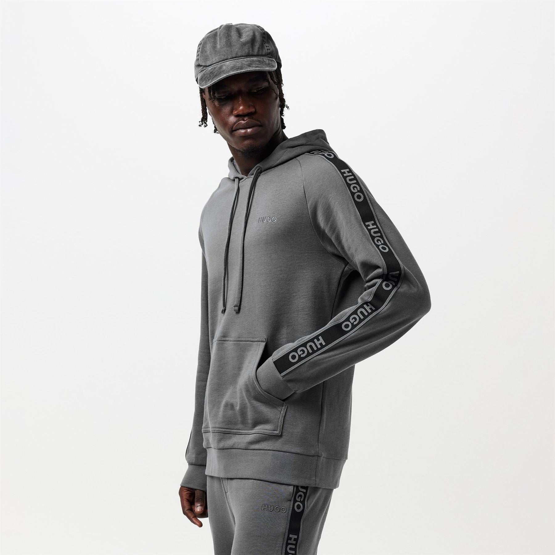 Hugo HUGO Bodywear Liam Soft Cotton Pullover Hoodie with Logo Tape Detail   Natural Fabric