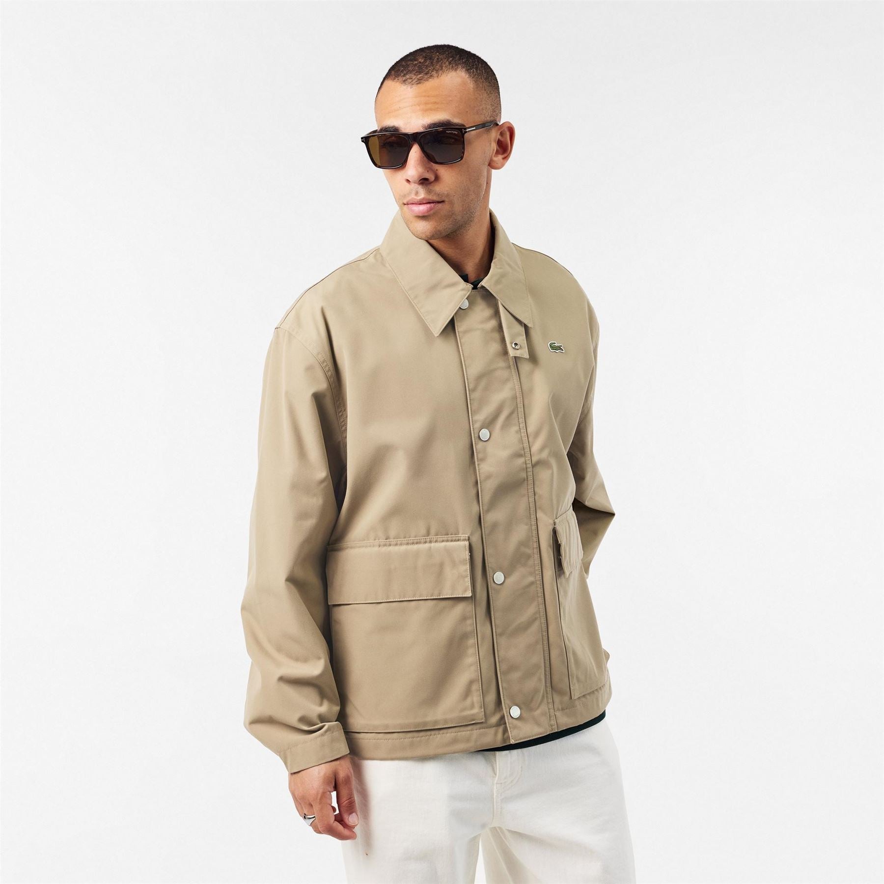 Lacoste Solid Patterned Snap Button Flap Pocket Parka Jacket with Logo