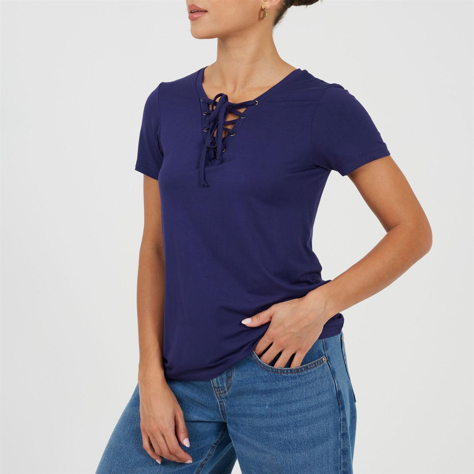 Brave Soul Womens Tie Detail Eyelet Neck T-Shirt