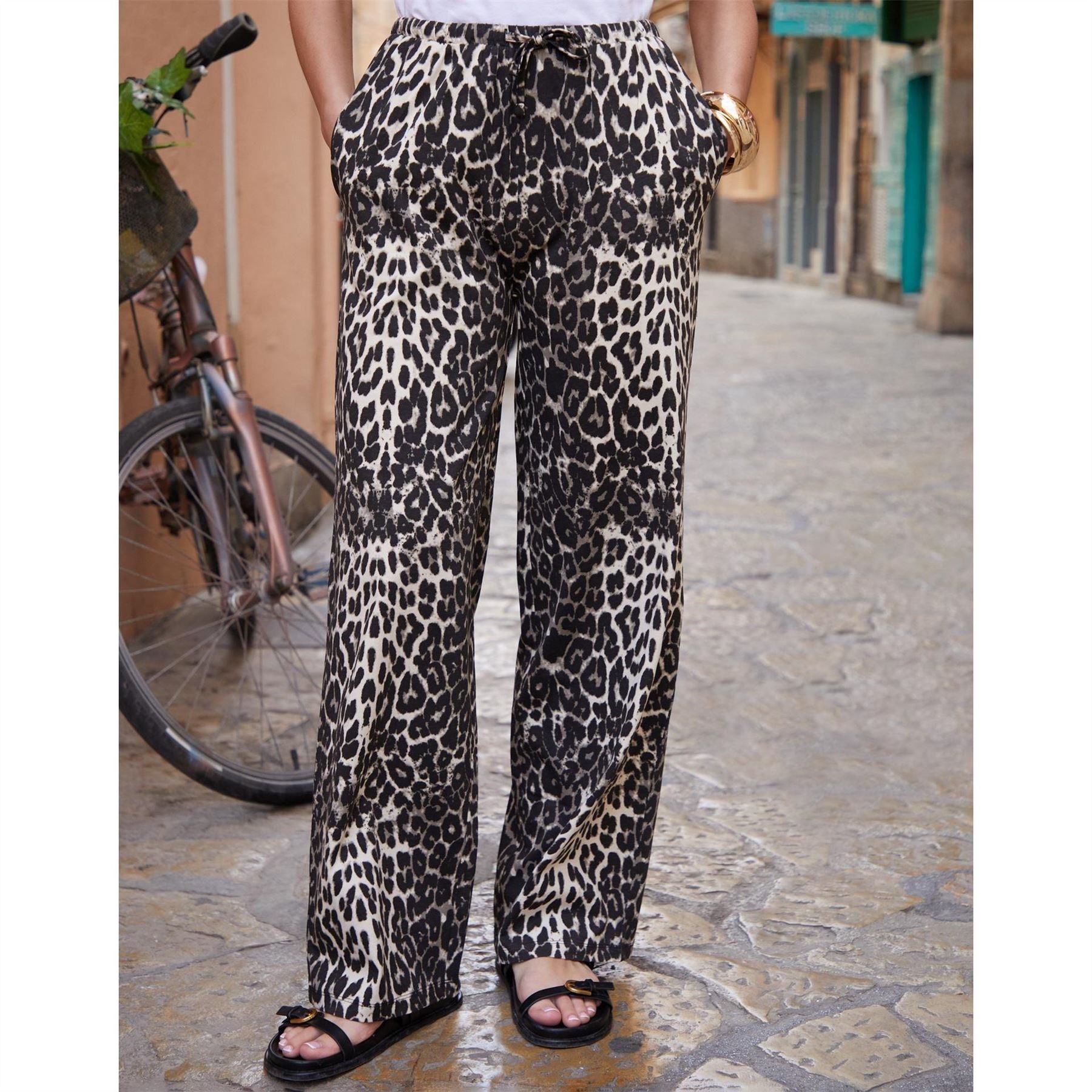 Threadbare Madri Leopard Patterned Wide Leg Trousers