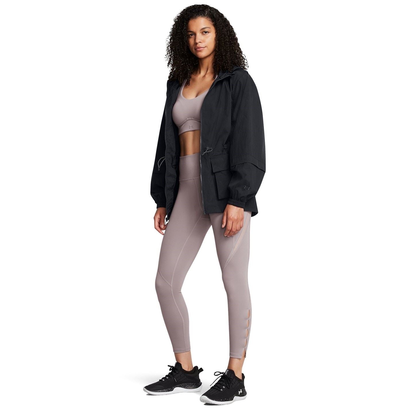 Under Armour Solid Patterned Hooded Drawstring Windbreaker with Flap Pocket