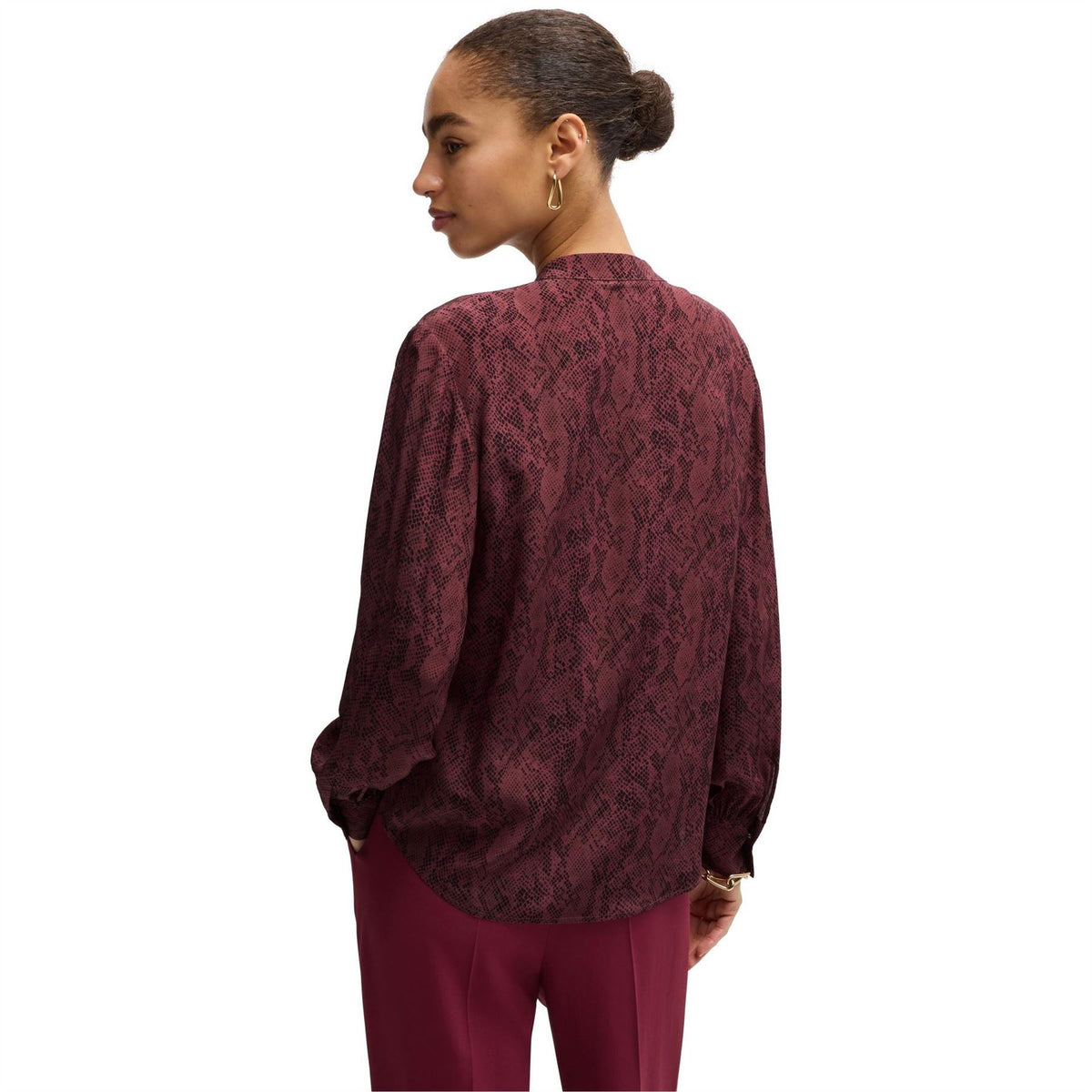 Boss Notched Neck Band Collar Long Sleeve Blouse