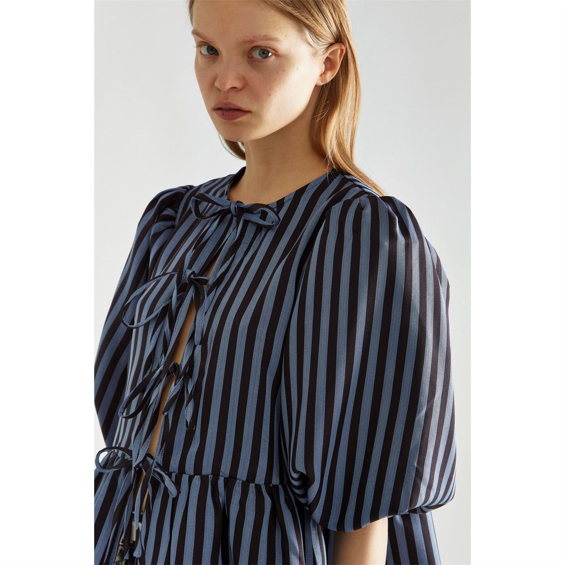 Glamorous Blue Black Stripe Tie Front  Top
