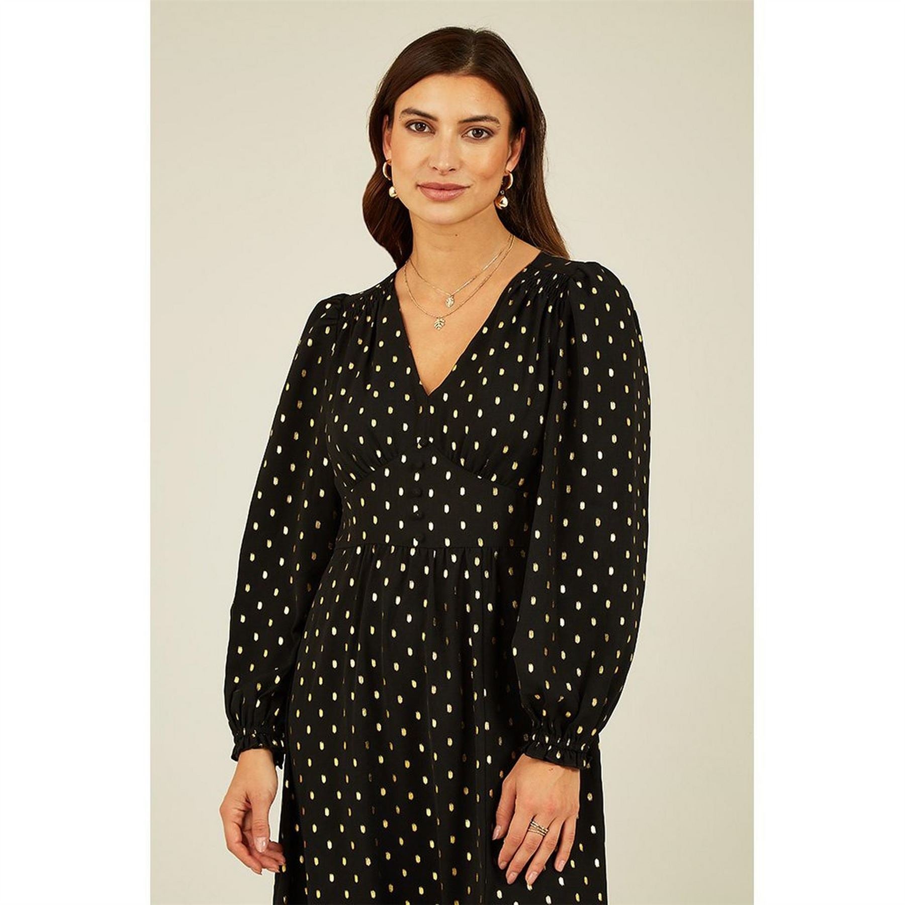 Yumi Foil Print Long Sleeve Midi Dress