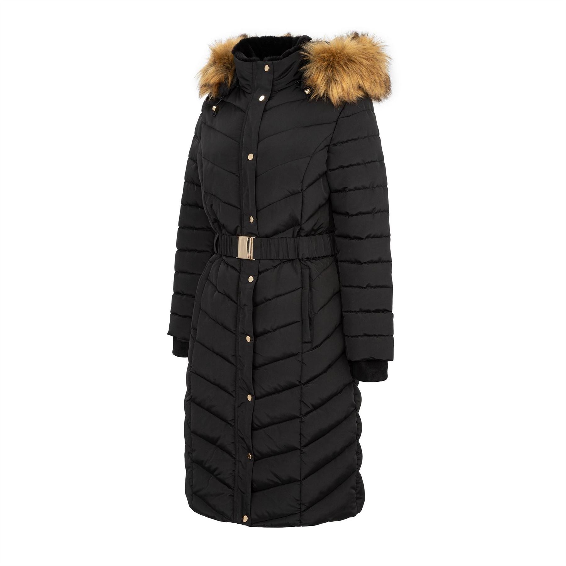 Firetrap Womens Solid Patterned Hooded Ribbed Cuff Zipped Pocket Puffer Coat