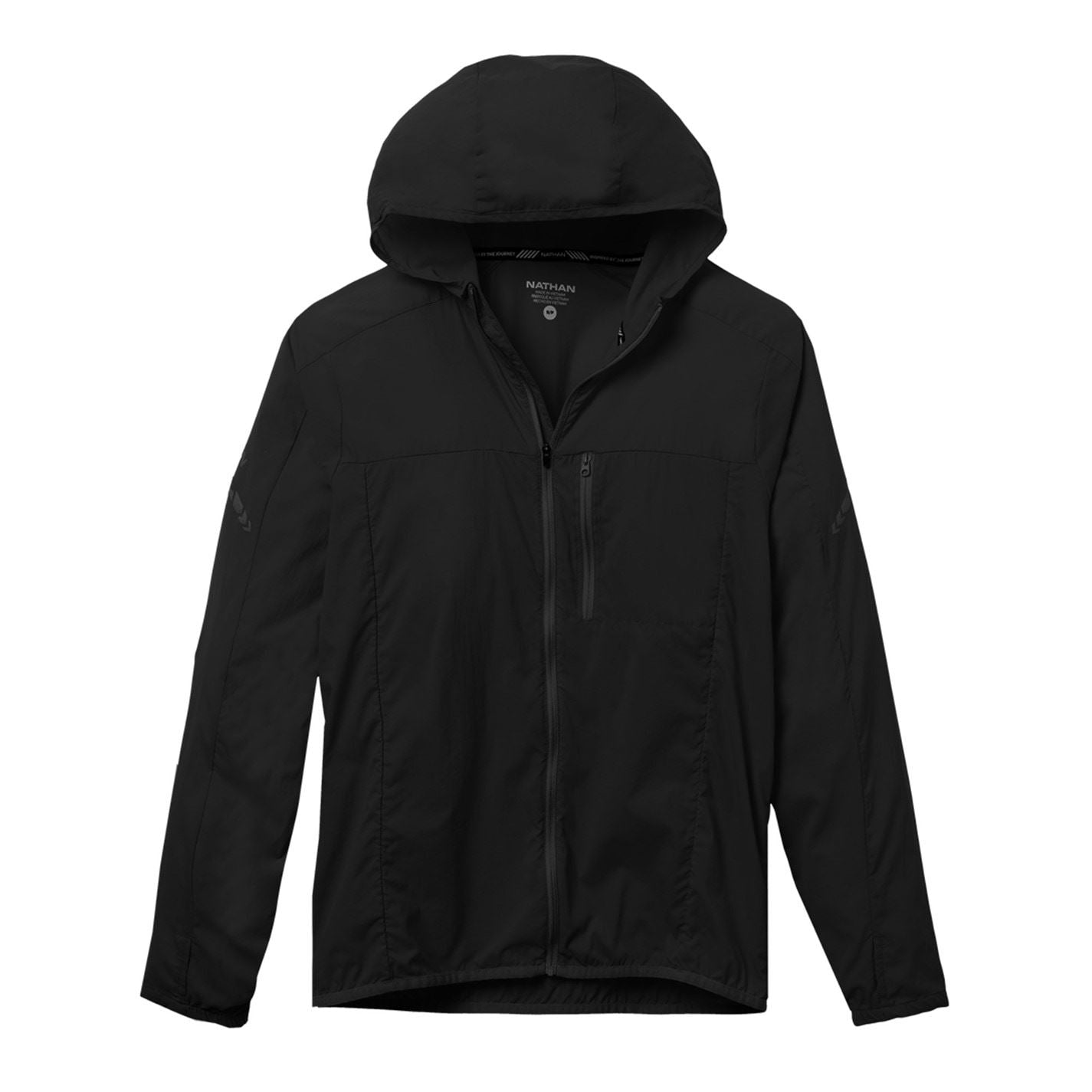 Nathan Stealth Solid Patterned Hooded Windbreaker with Zipped Pocket and Reflective Ribbon