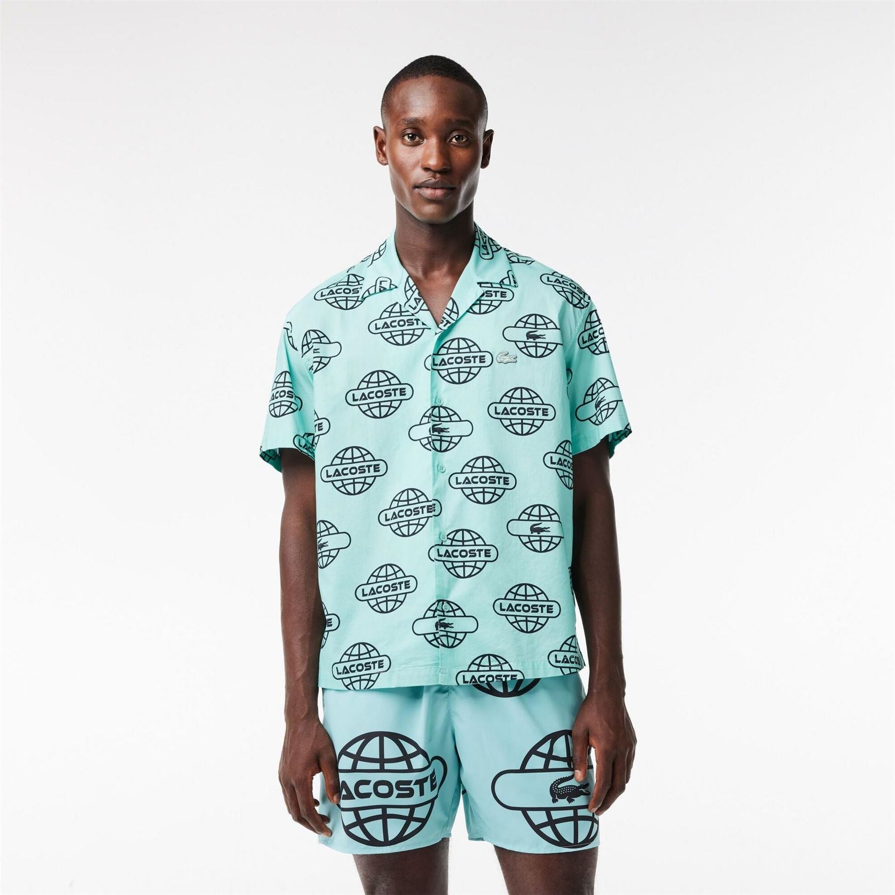 Lacoste Globe Print Cotton Twill Short Sleeve Patterned Shirt
