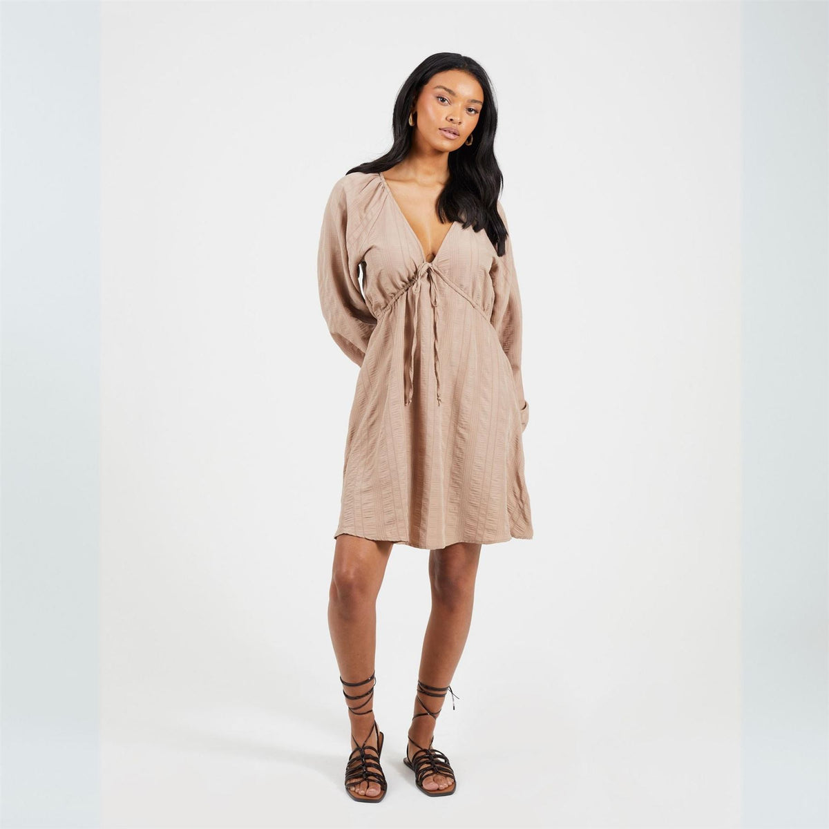 Brave Soul V-Neck Long Sleeve Mini Babydoll Dress