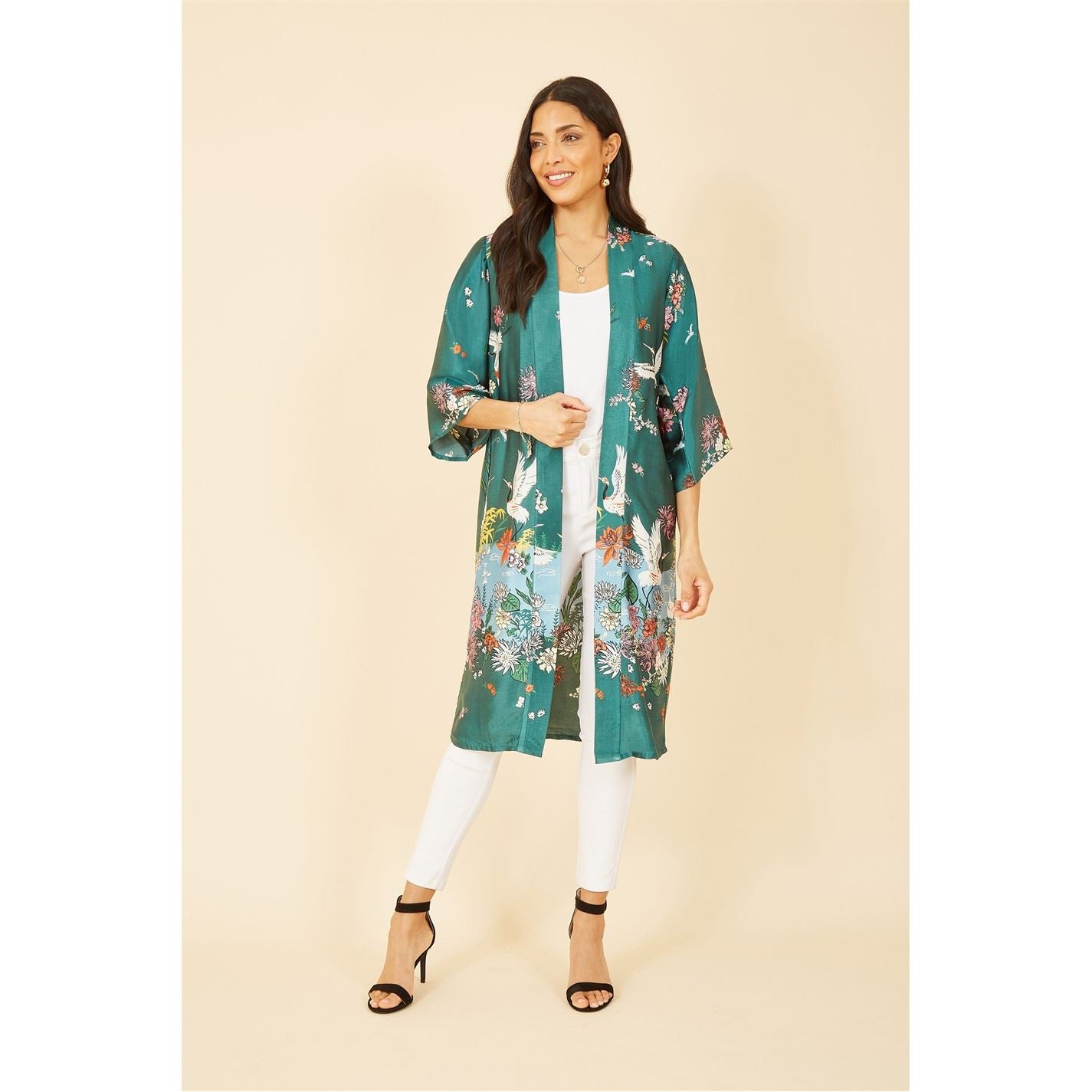 Yumi Satin Crane Border Kimono