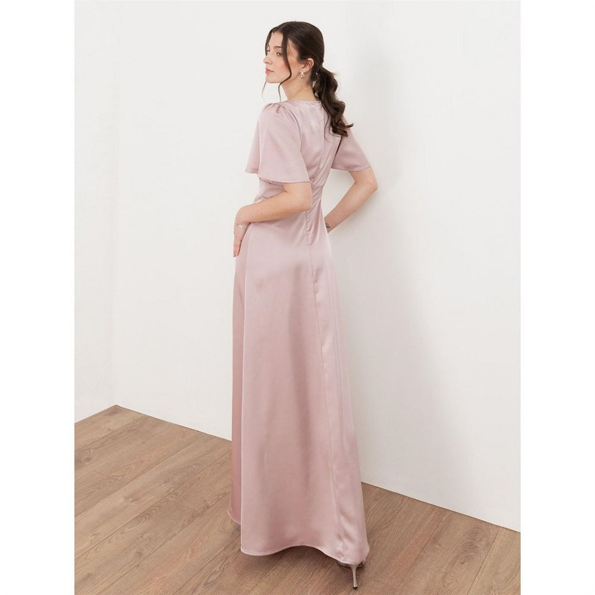 Maya Deluxe Angel Sleeve Satin Bridesmaid Maxi Dress With Split
