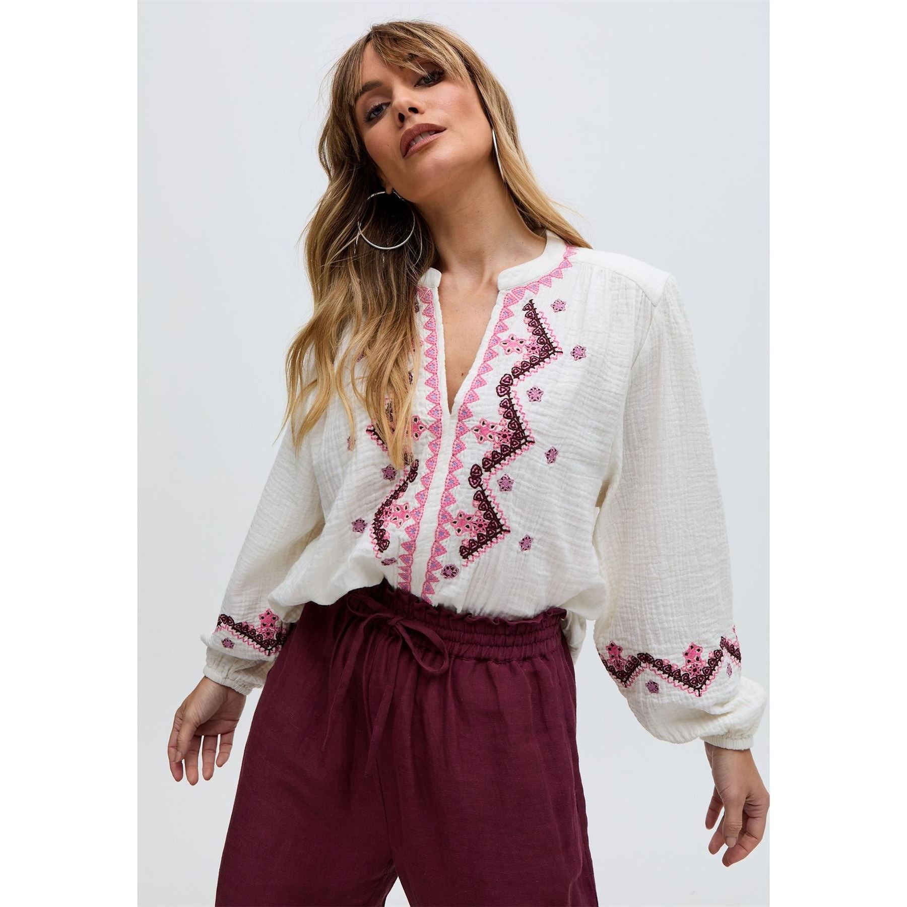 Raffya V Neck Embroidered Blouse In White