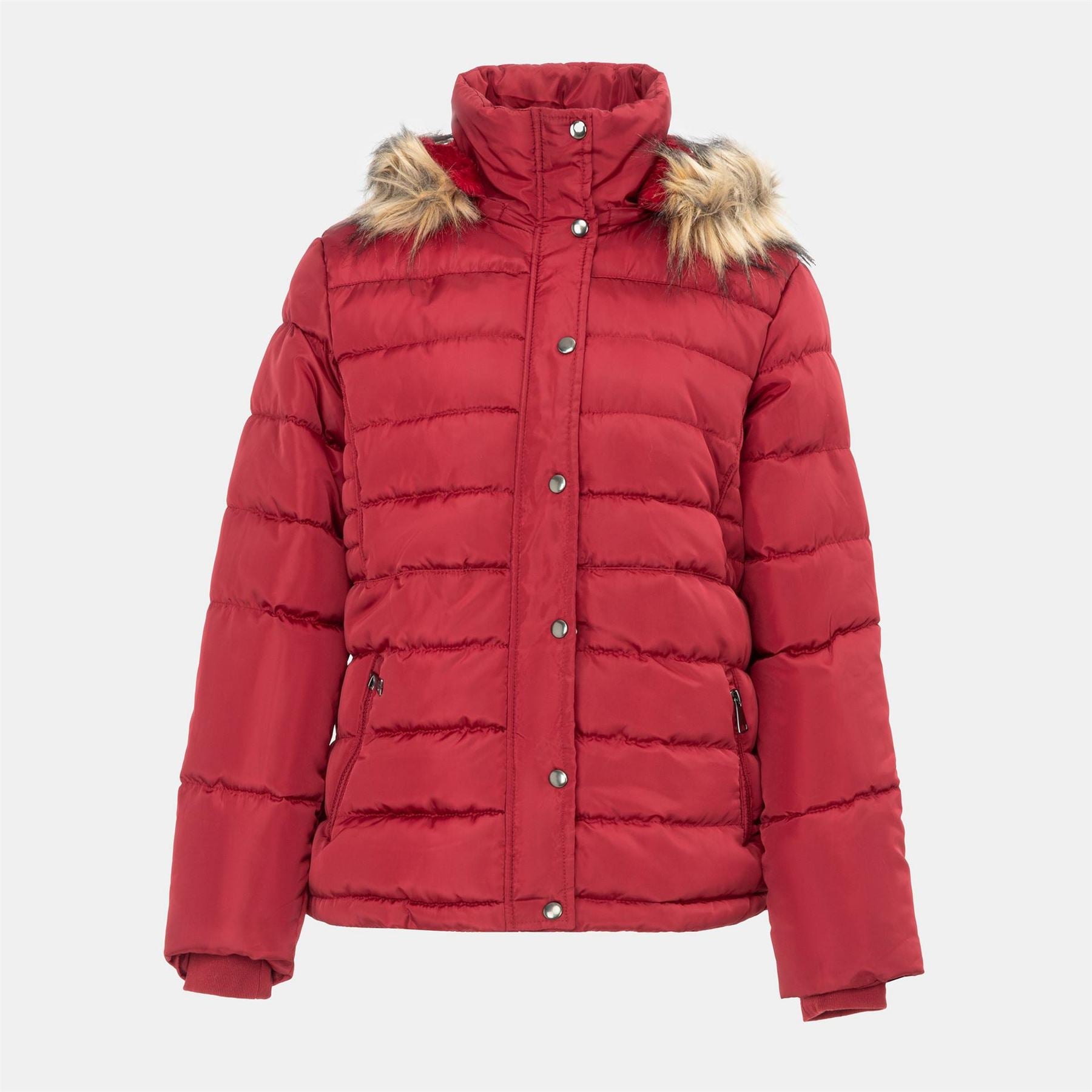 I Saw It First Solid Patterned Hooded Snap Button Fur Trim Ribbed Cuff Parka Jacket