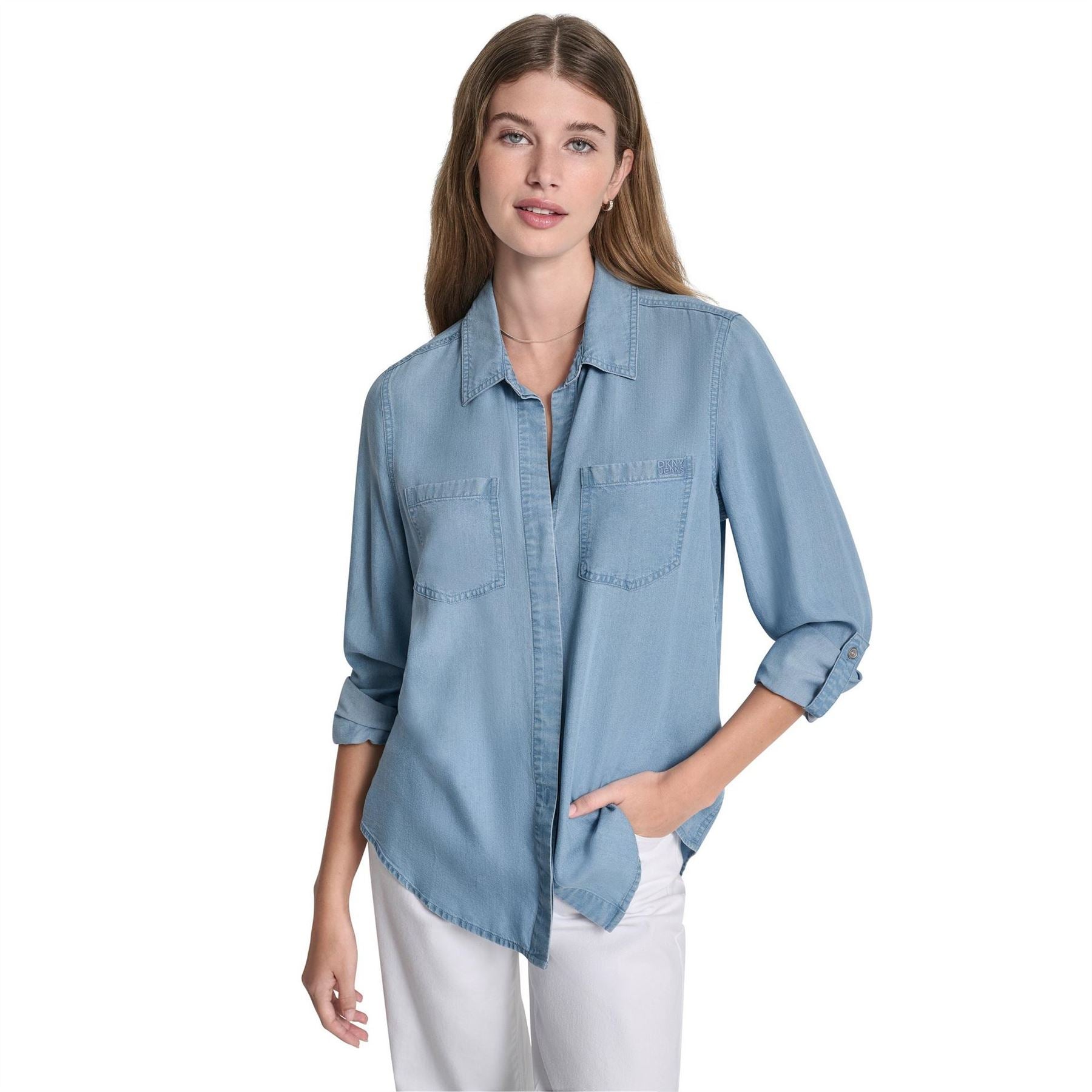 DKNY Jeans Split Back Button Front Tencel Shirt W  Roll Tab Sleeve