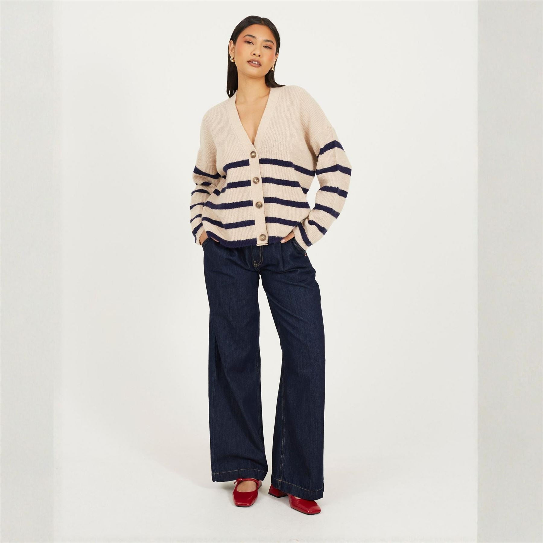 Brave Soul V Neck Fisherman Knit Striped Cardigan