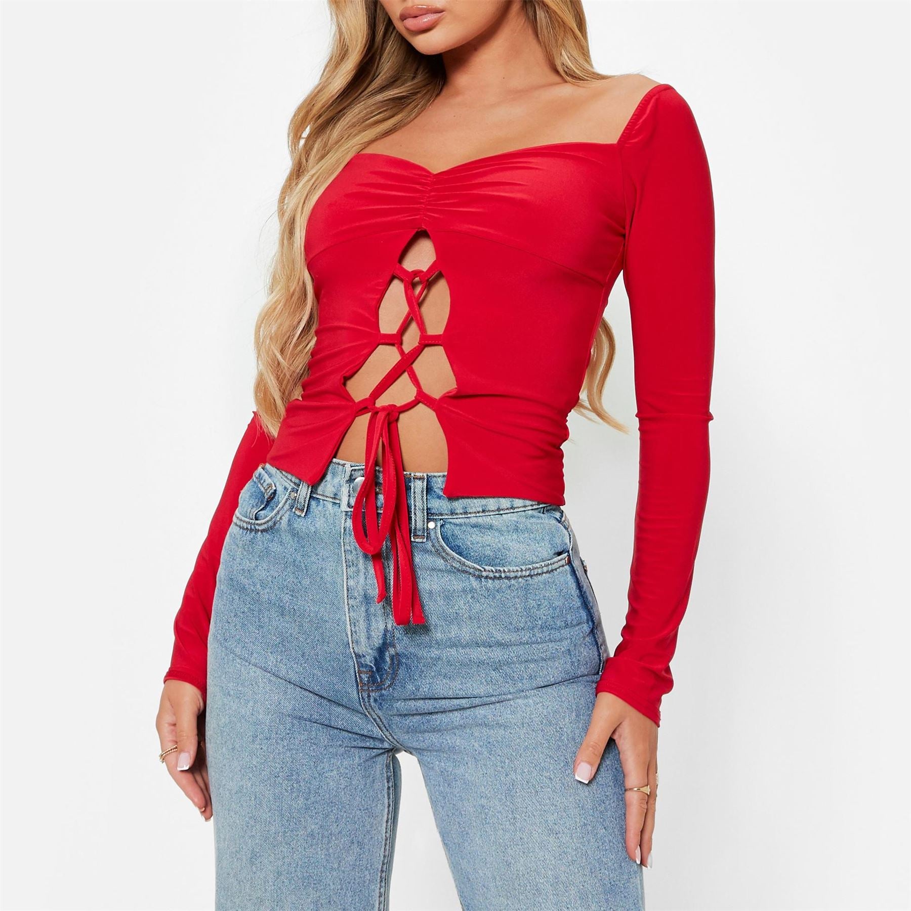 I Saw It First Lace Up Ruched Bust Double Layered Crop Top