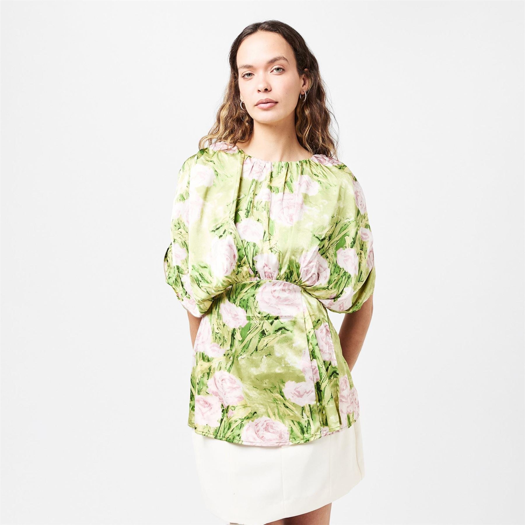 AX Paris Floral Satin Ruched Shoulder Batwing Top