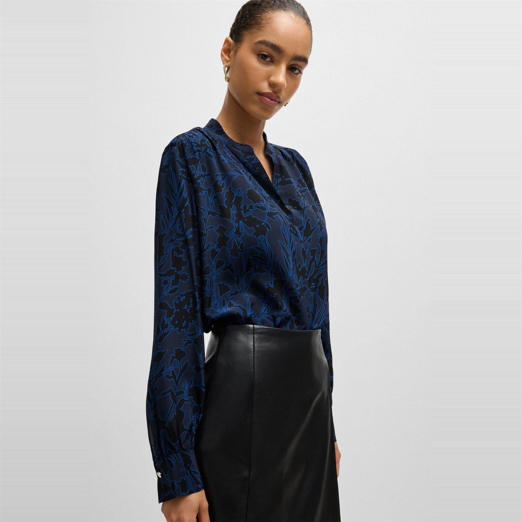 Boss Notched Neck Band Collar Long Sleeve Blouse