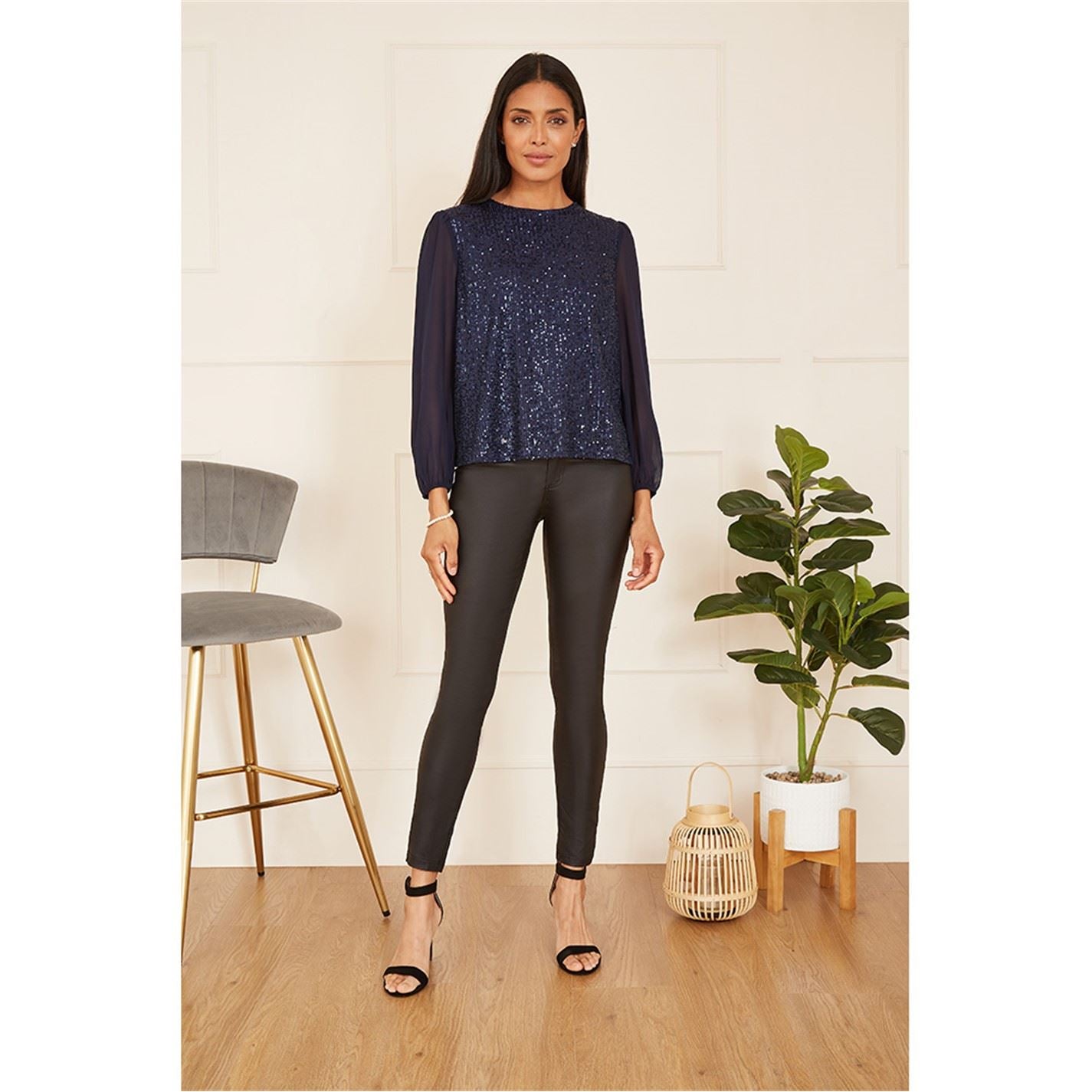 Yumi Sequin Top With Sheer Sleeves