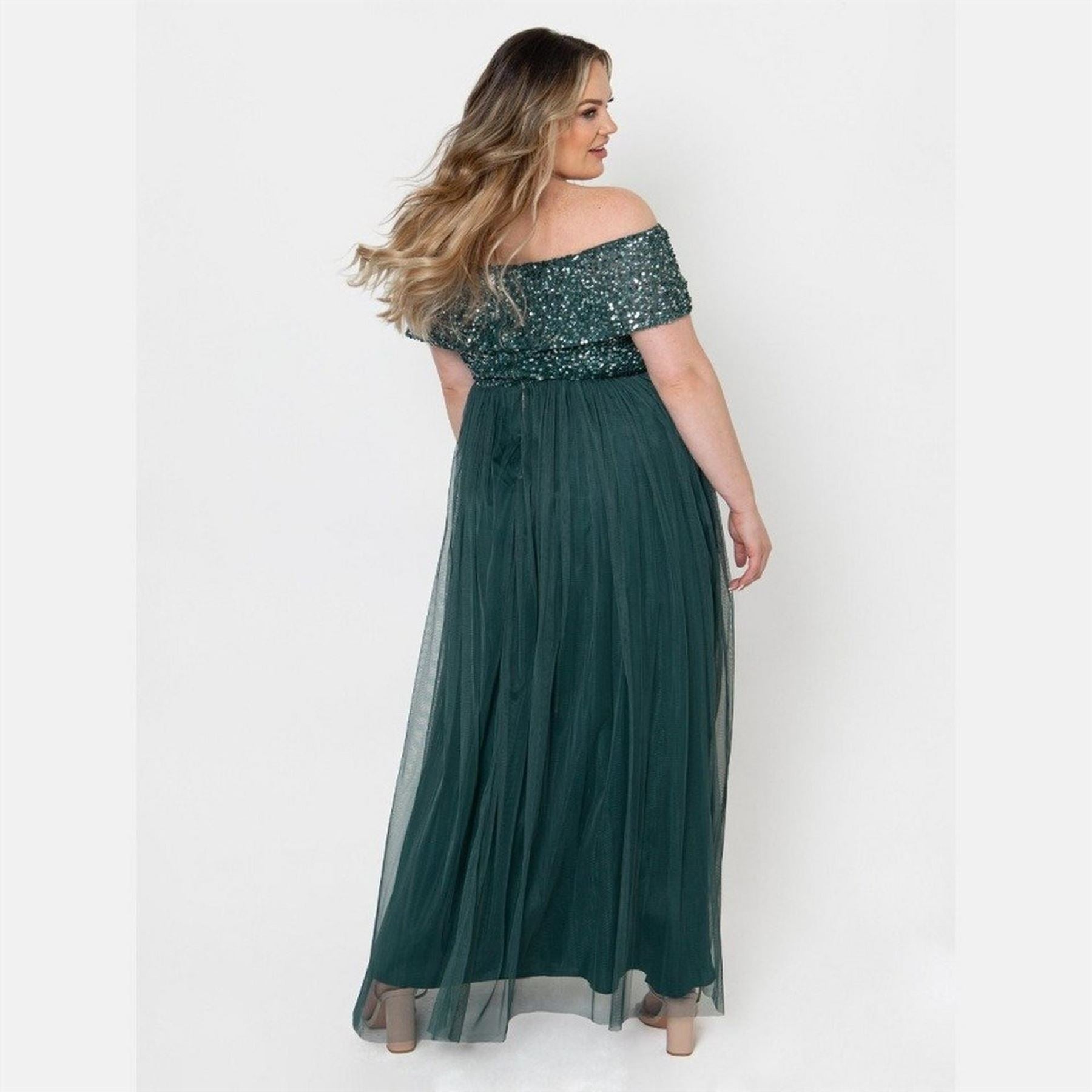 Maya Deluxe Emerald Green Bridesmaid Bardot Embellished Maxi Dress