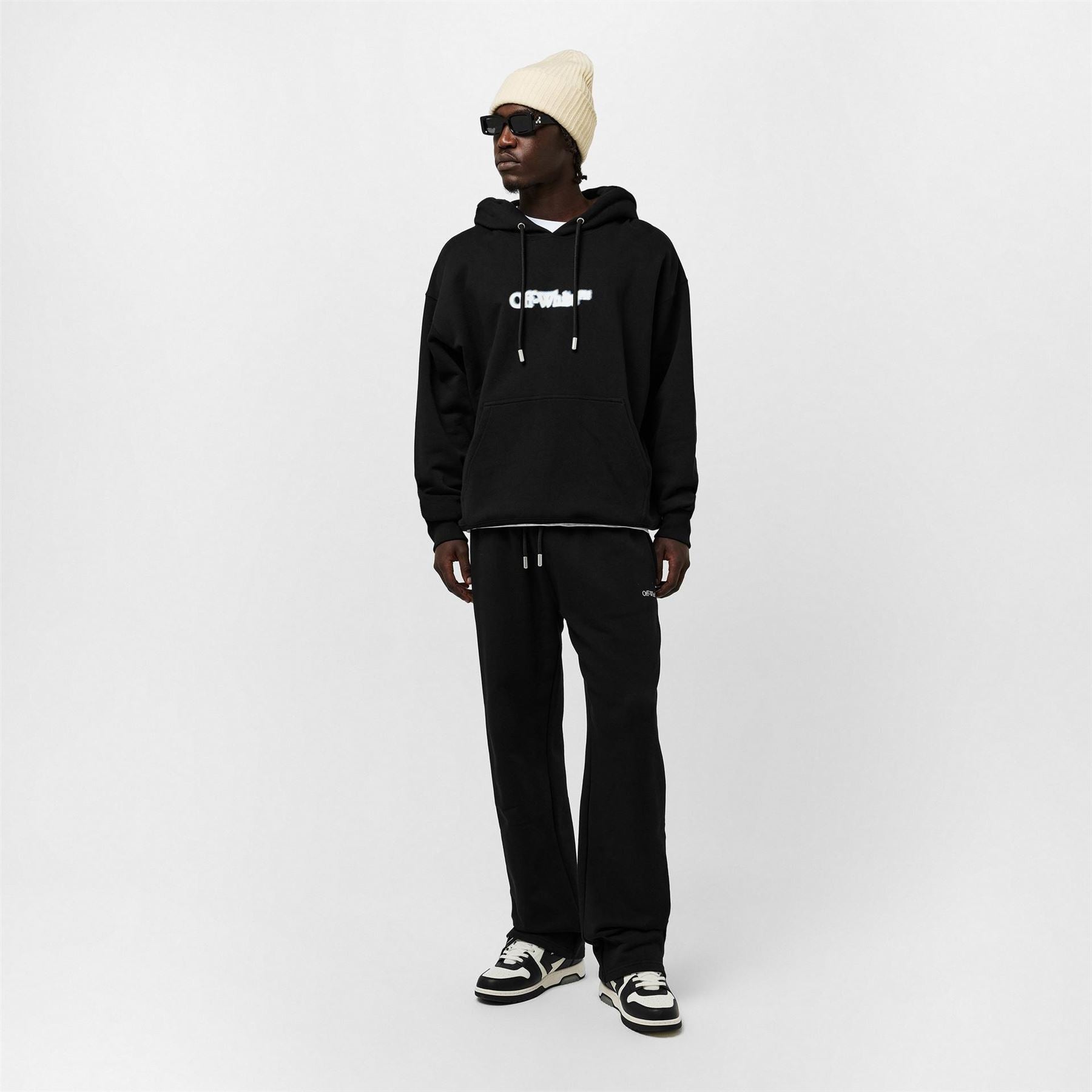 Off White Lettering Hooded Neck Drop Shoulder Sweatshirt