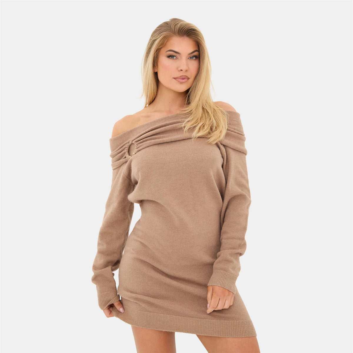 I Saw It First Trim Bardot Mini Long Sleeve Knitted Jumper Dress