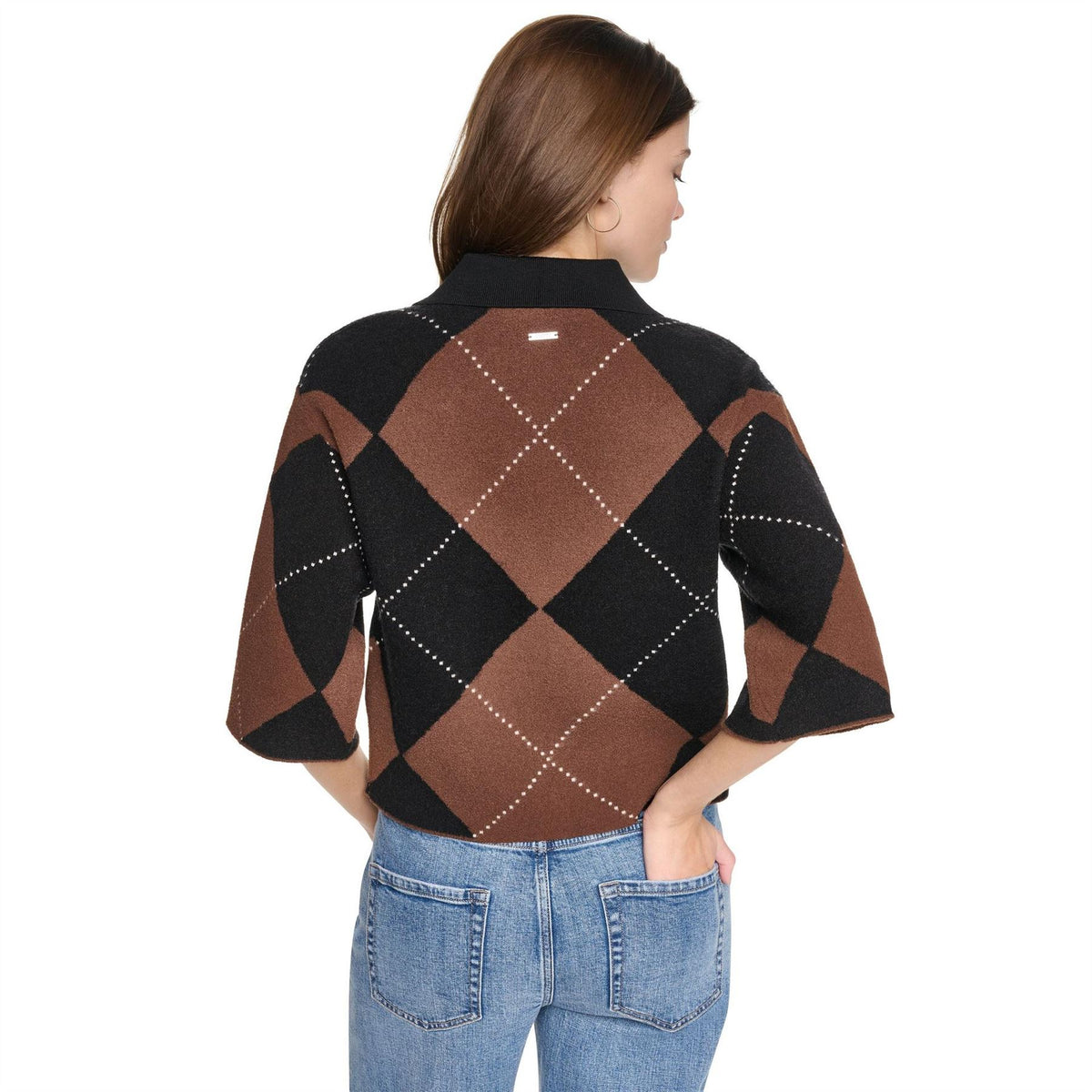 DKNY Fuzzy Argyle Elbow Sleeve Cardigan