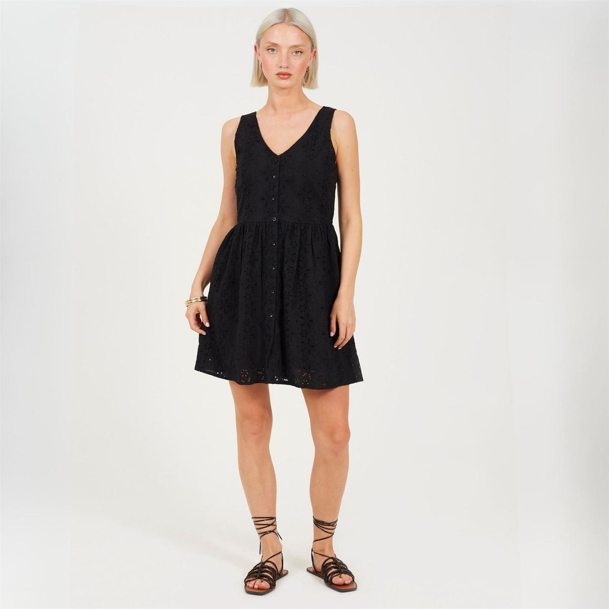 Brave Soul Broiderie Mini Dress With Button Fastening
