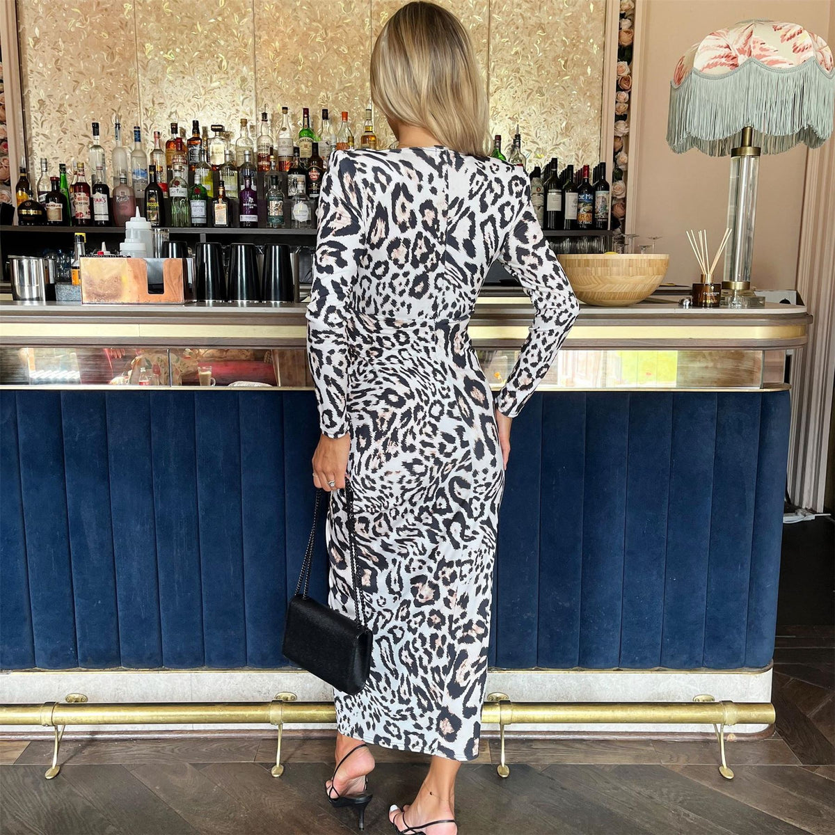 AX Paris Leopard Print Long Sleeve V Neck Knot Drape Midi Dress