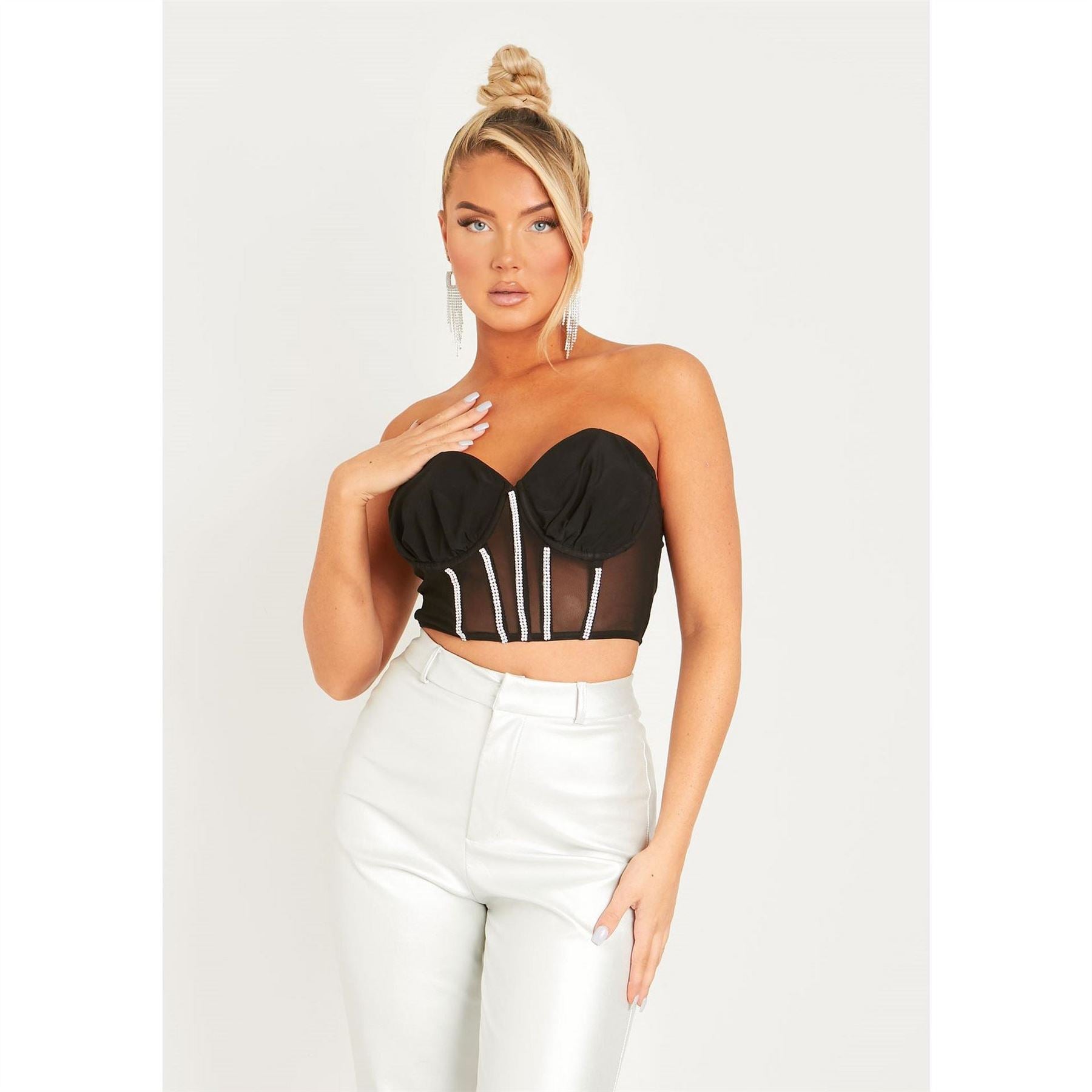 Missy Empire Mesh Structured Diamante Cropped Corset