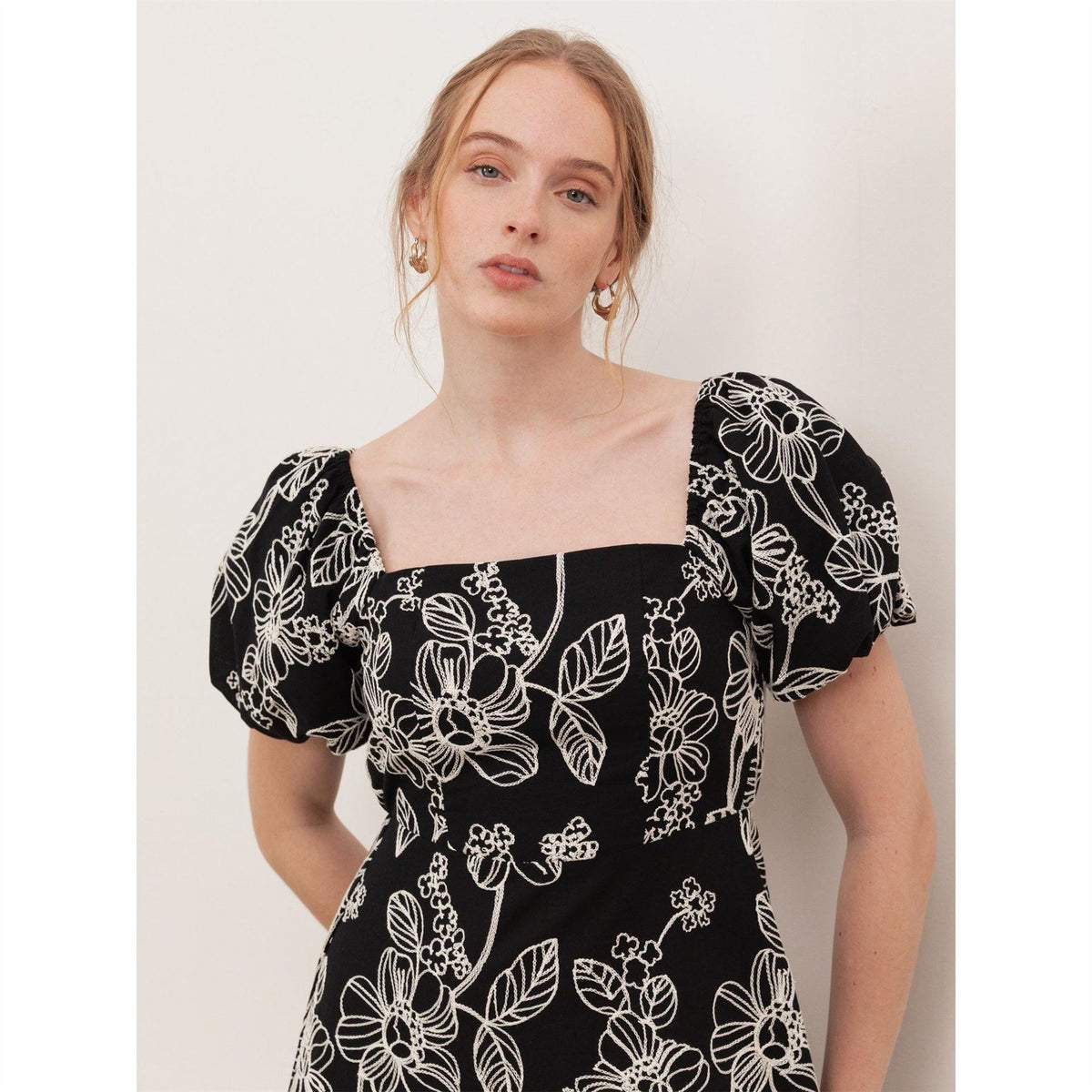 Lovedrobe Black Embroidered Short Sleeve Square Neck Midaxi Dress
