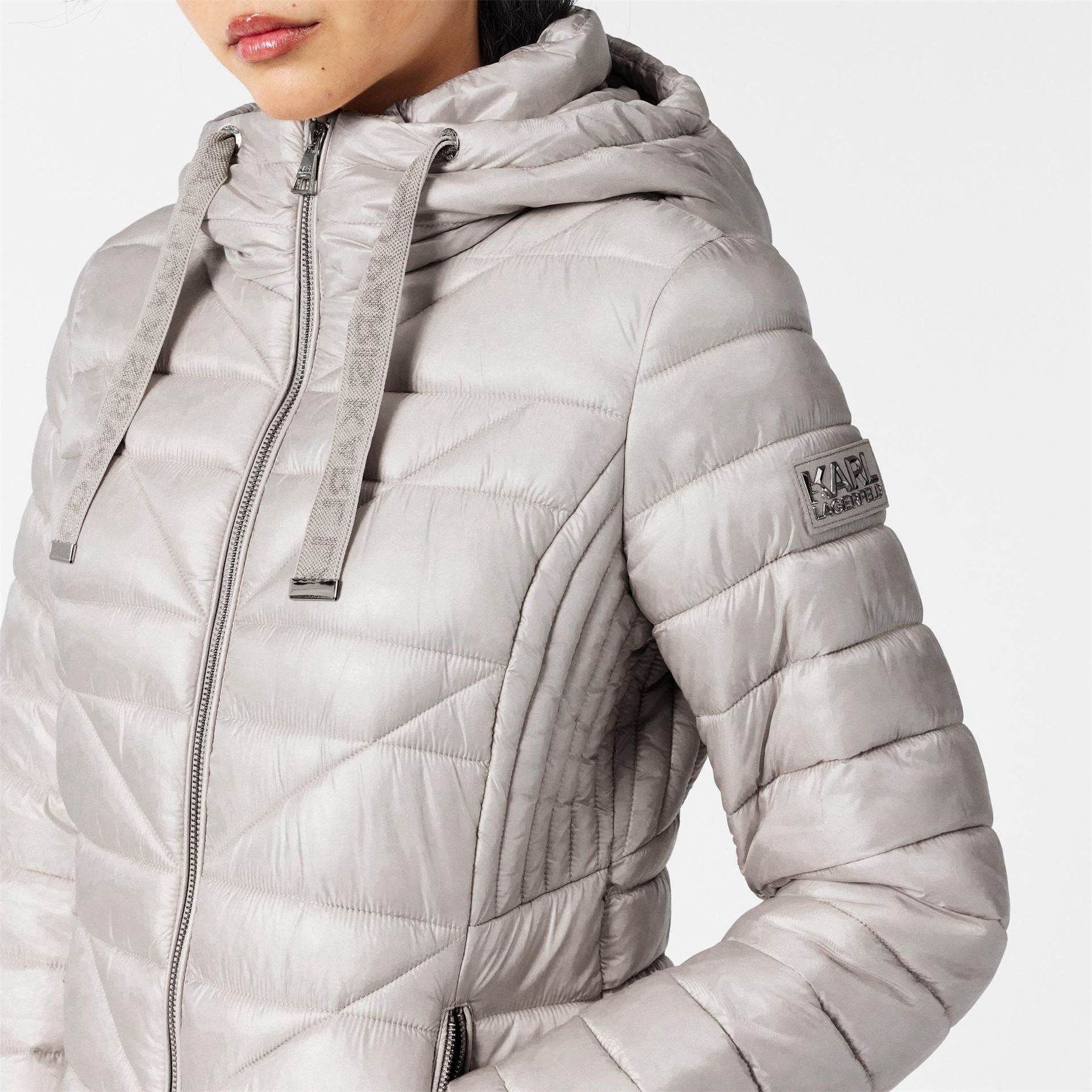 Karl Lagerfeld Solid Patterned Hooded Zipped Pocket Puffer Jacket