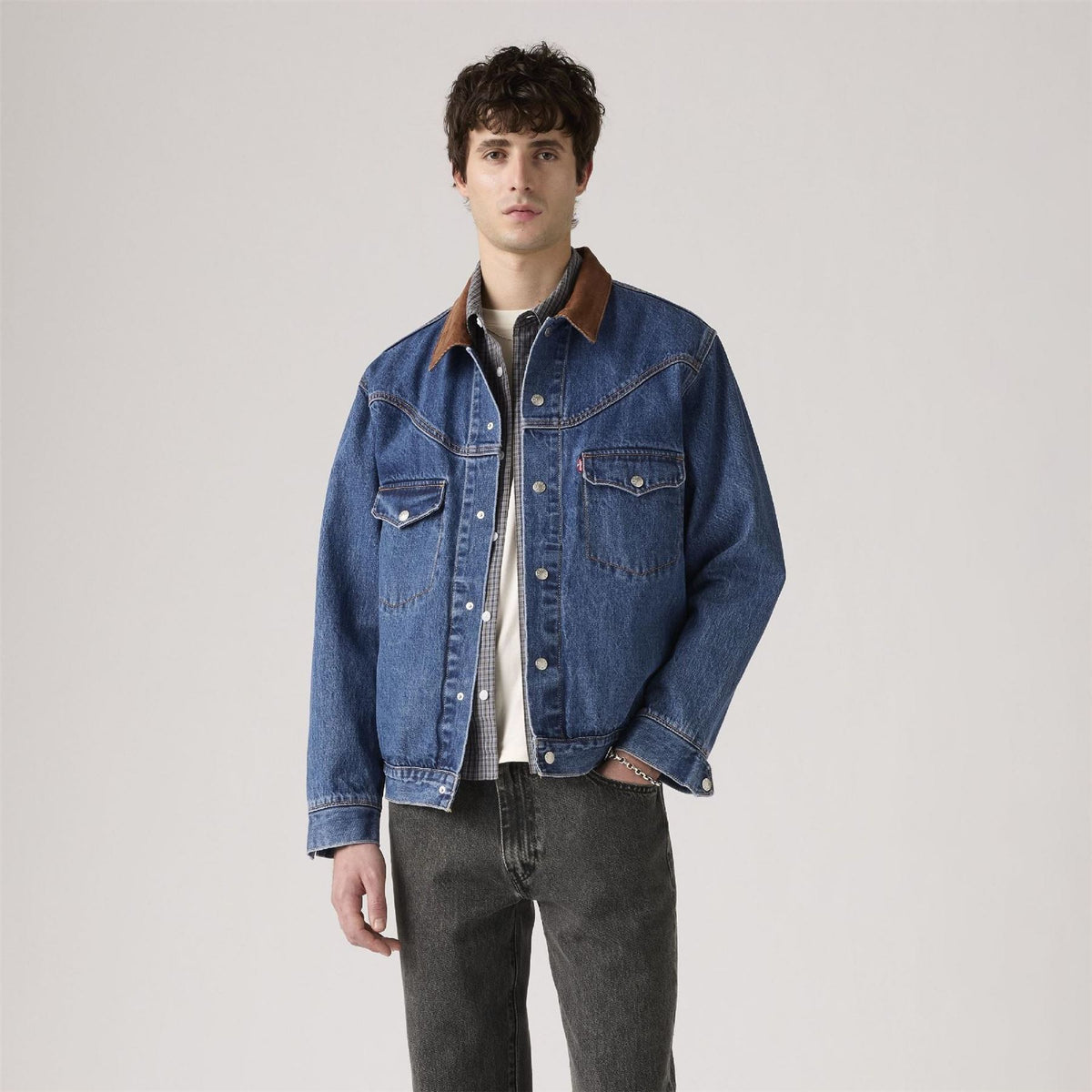 Levis Western Solid Patterned Snap Button Shirt Collared Denim Jacket