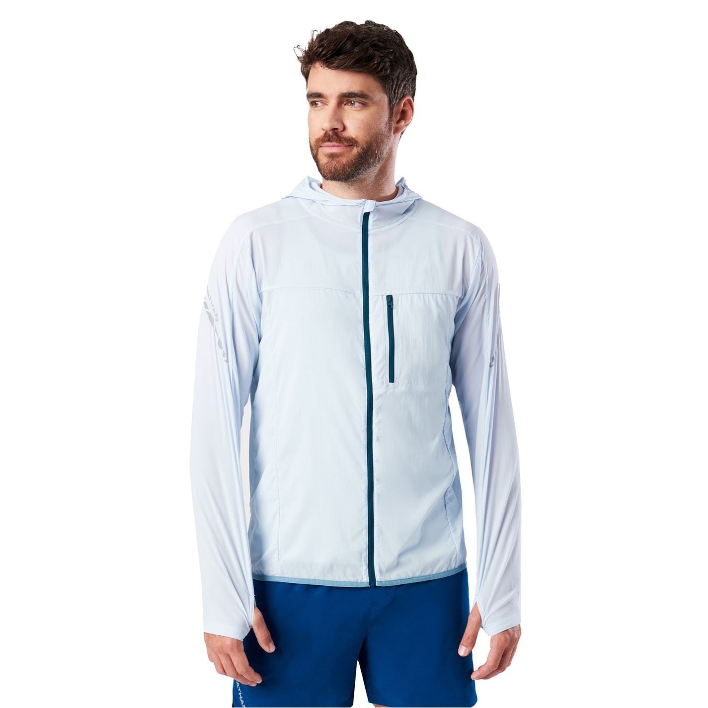 Nathan Stealth Solid Patterned Hooded Windbreaker with Zipped Pocket and Reflective Ribbon