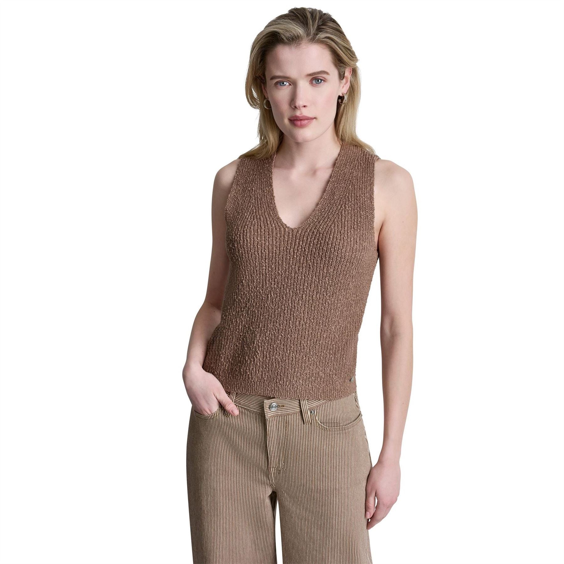 DKNY Sleeveless V Neck Rib Slub Sweater