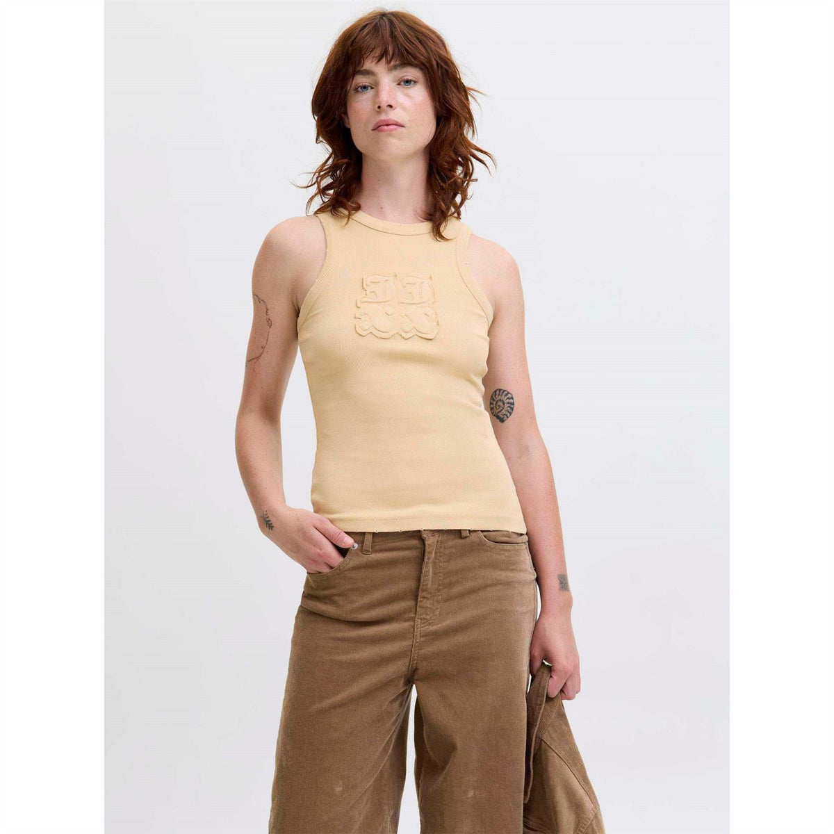 JJXX Embroidered Crew Neck Ribbed Collar Sleeveless Tank