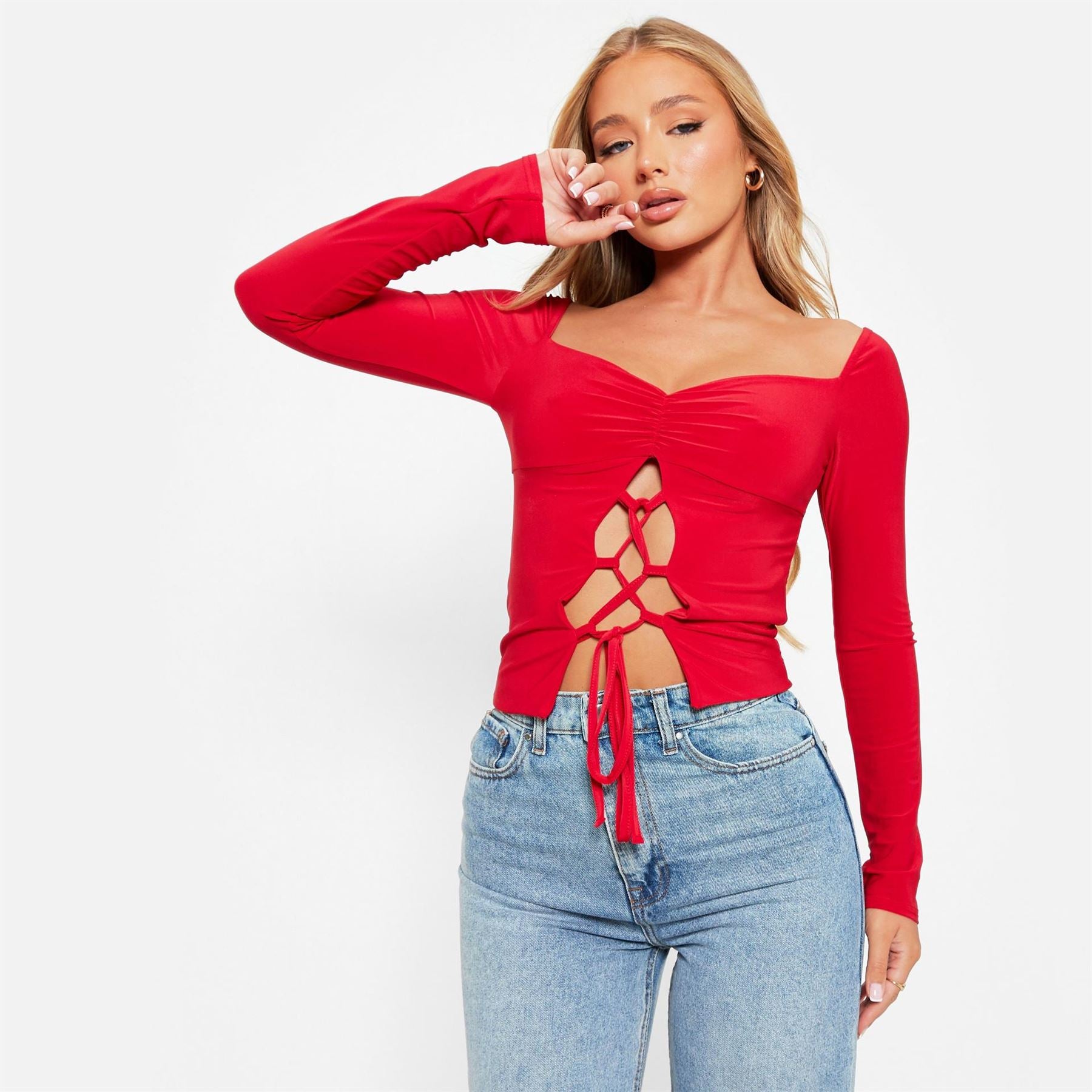 I Saw It First Lace Up Ruched Bust Double Layered Crop Top