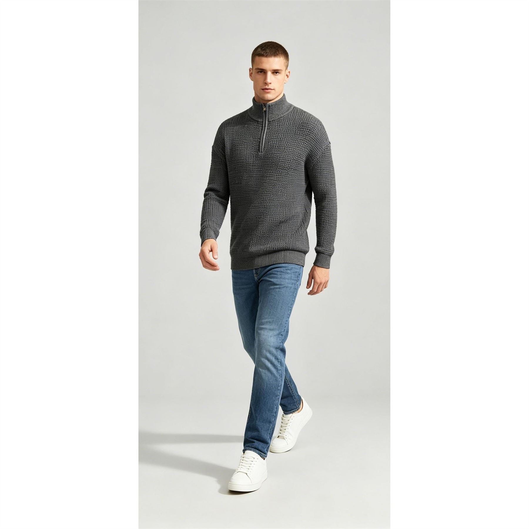 Firetrap Quarter Zip Cable Knit Funnel Neck Jumper