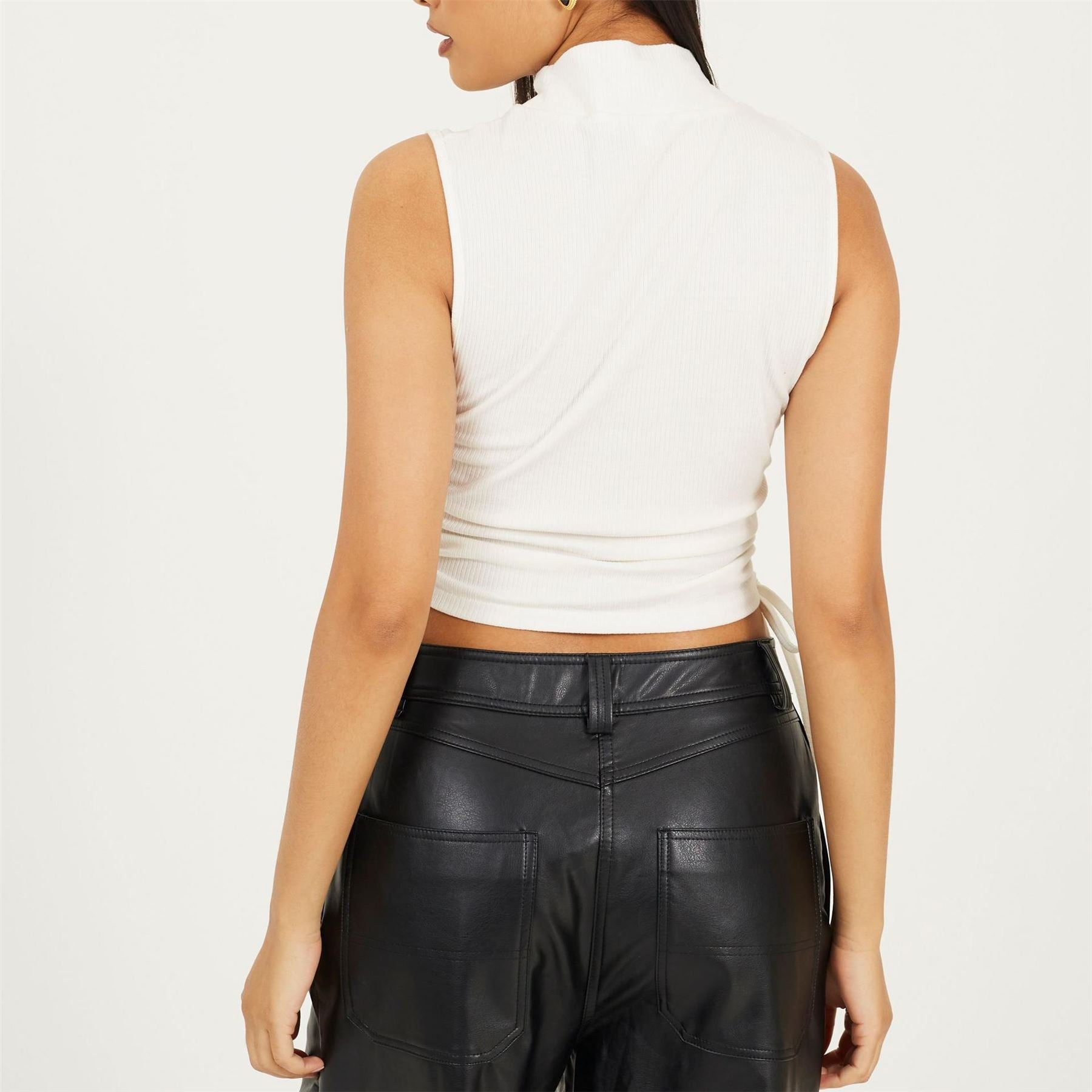 Brave Soul Womens Sleeveless High Neck Top With Drawstring Side Detail.