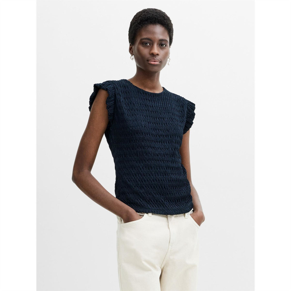 French Connection Zinnia Crew Neck Puff Sleeve Slim Fit Blouse