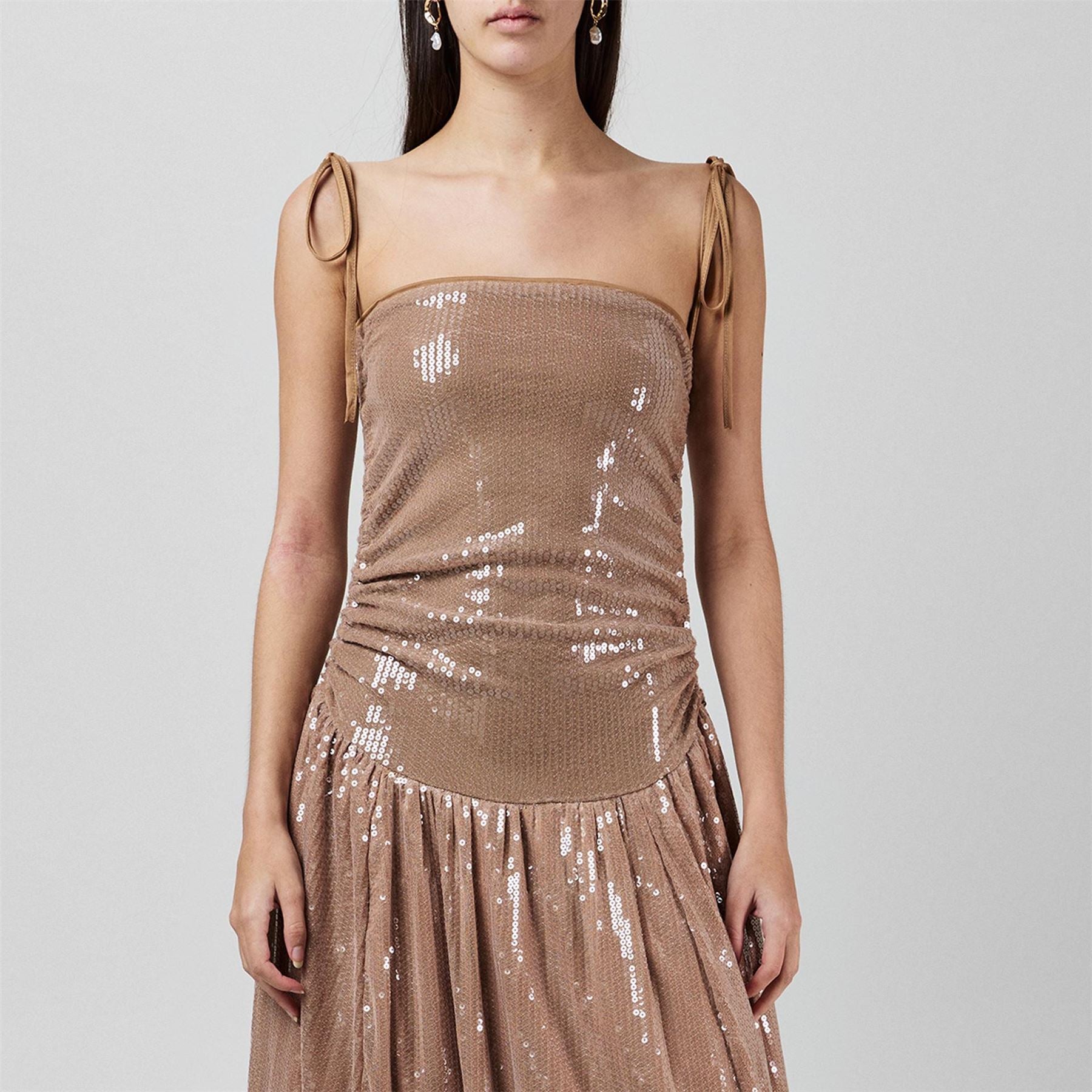 AmyLynn Sequin Square Neck Midi Peplum Dress