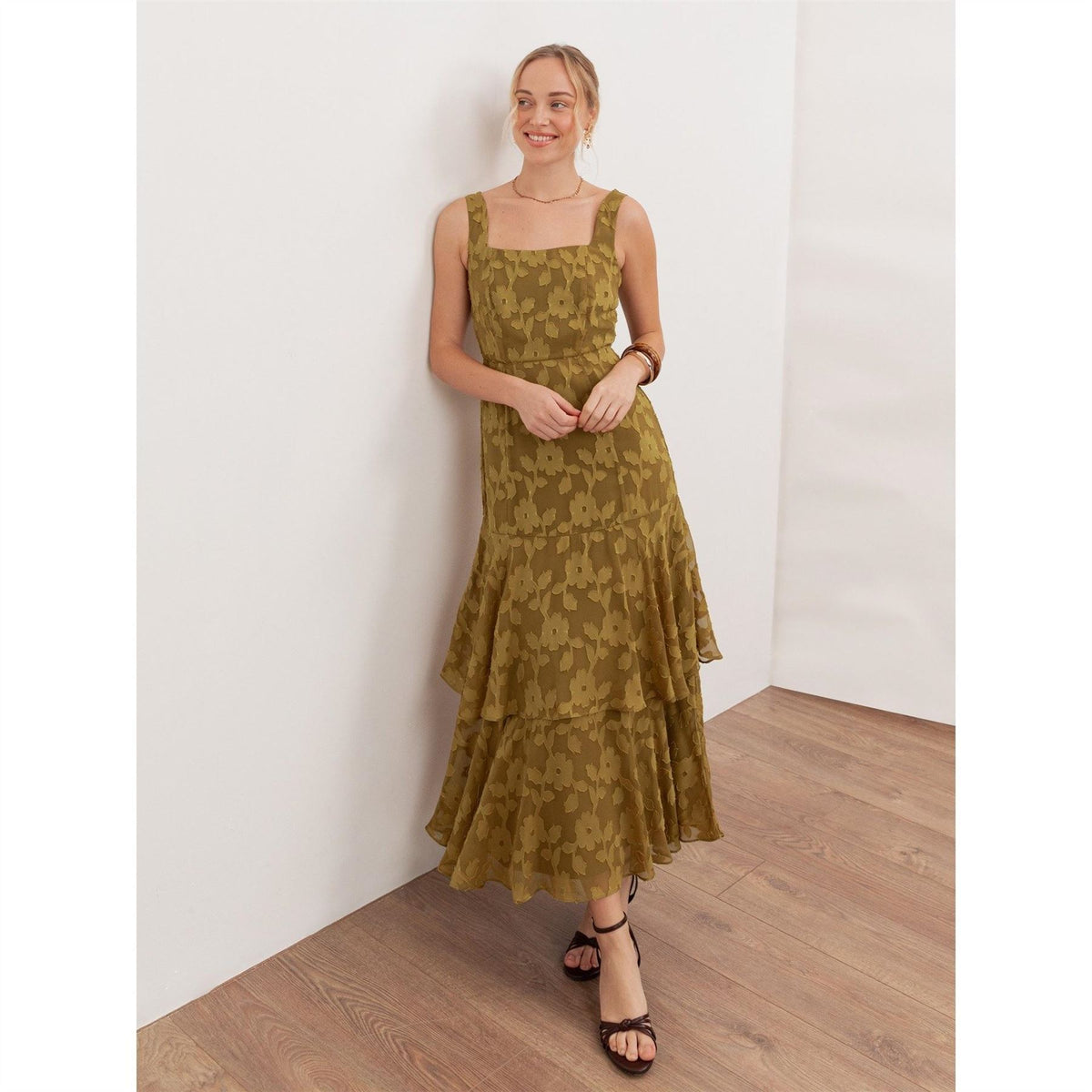 Anaya With Love With Love Recycled Golden Olive Floral Burnout Square Neck Tiered Midaxi Dress