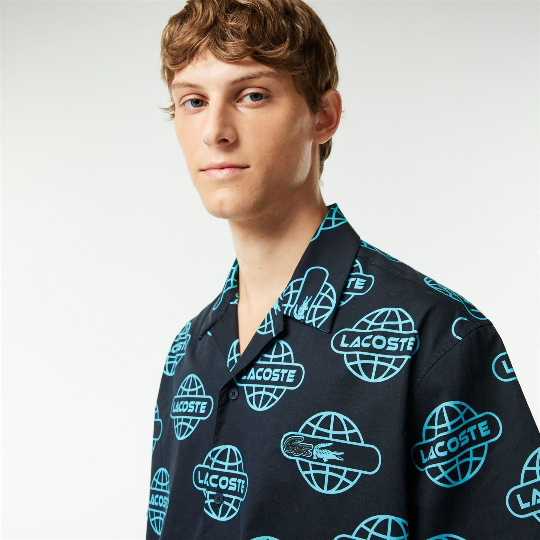 Lacoste Globe Print Cotton Twill Short Sleeve Patterned Shirt