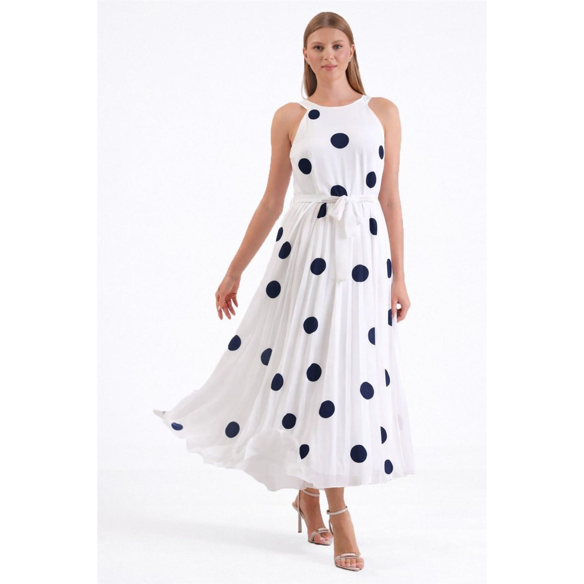 Ella Boo Print polka dot sleeveless Dress navy or Beige spot