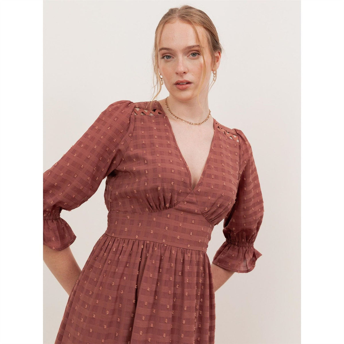 Lovedrobe Terracotta Pink Gingham V Neck Midaxi Dress
